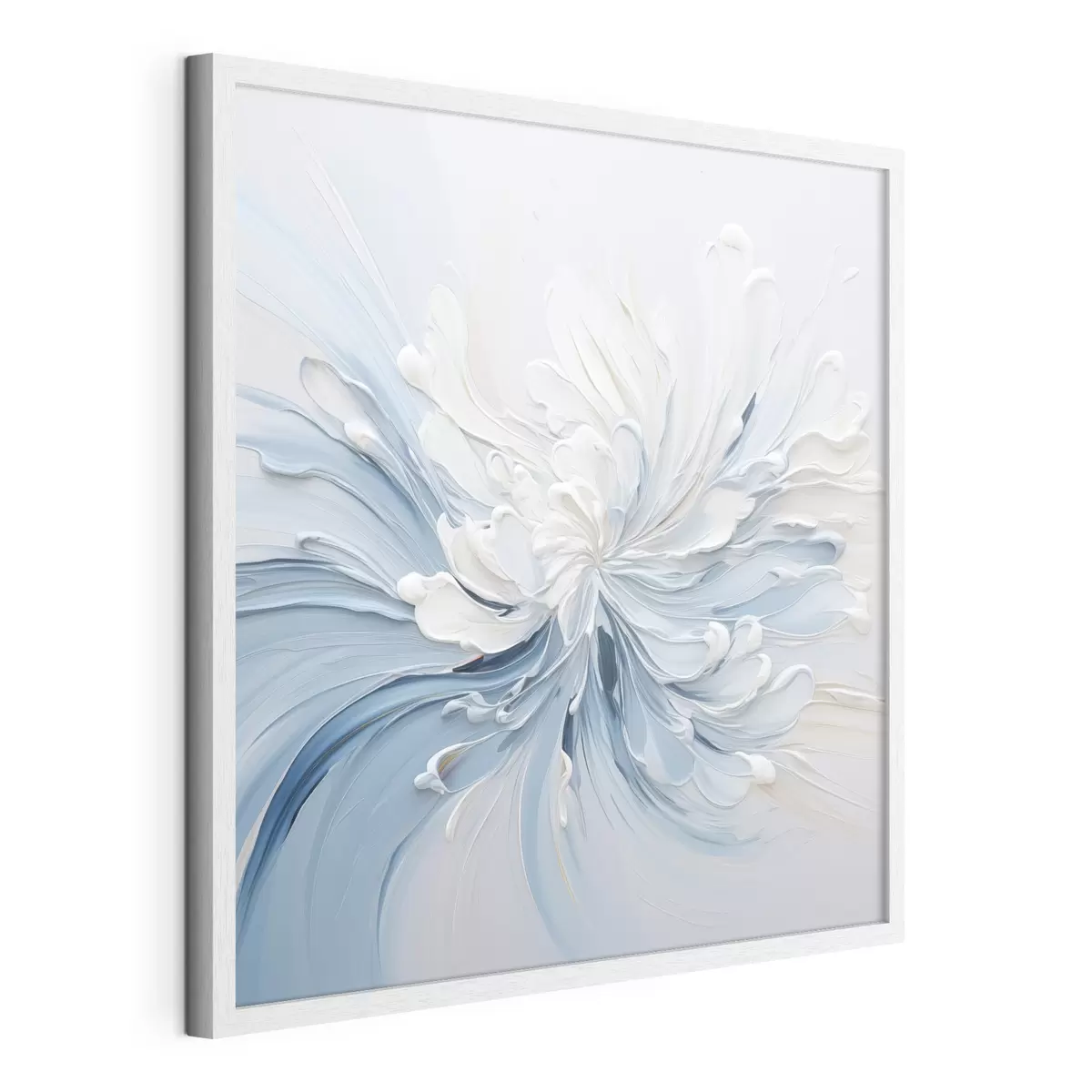Poster Un diseño floral abstracto en blanco y azul claro, con pétalos texturizados y líneas onduladas f48396