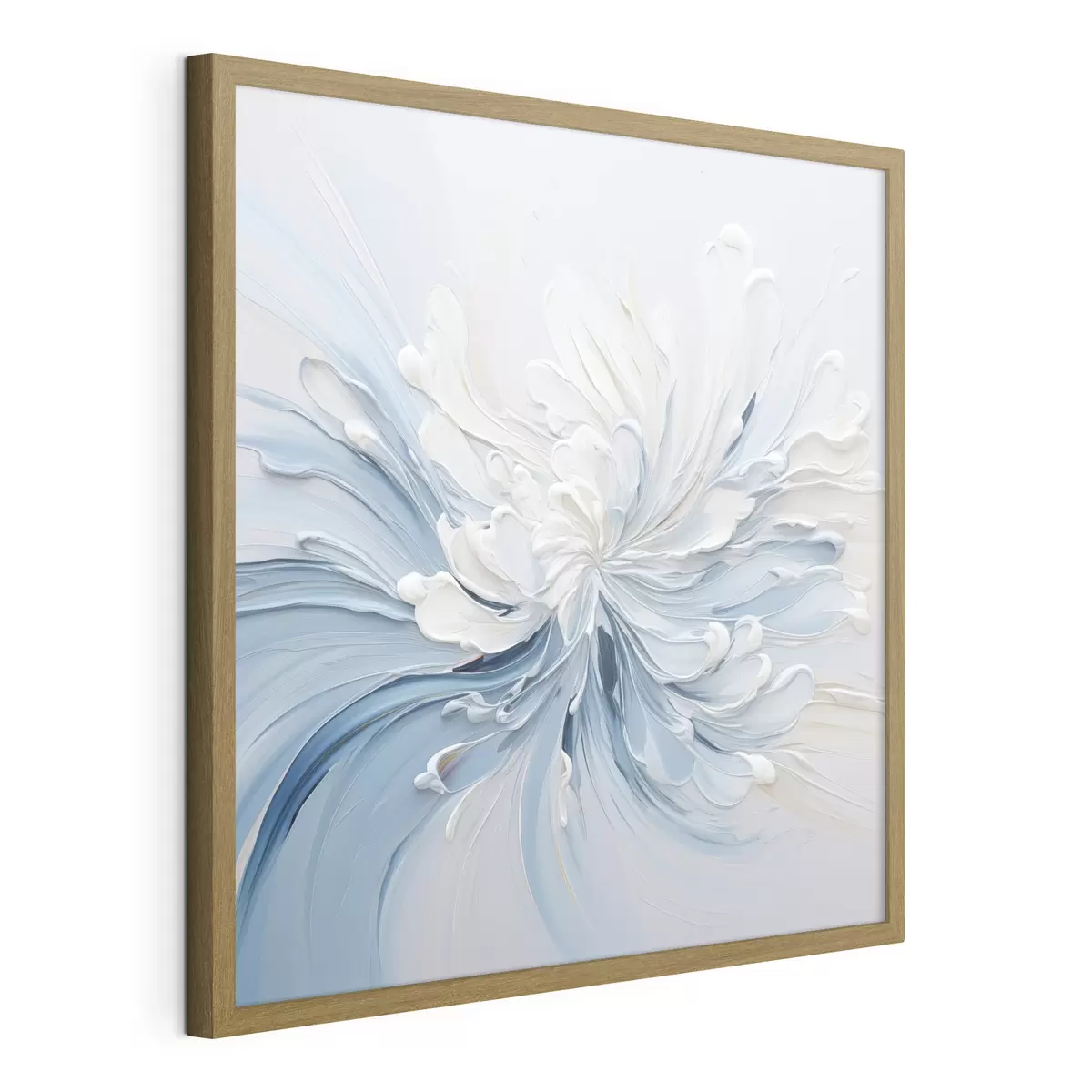 Poster Un diseño floral abstracto en blanco y azul claro, con pétalos texturizados y líneas onduladas f48396
