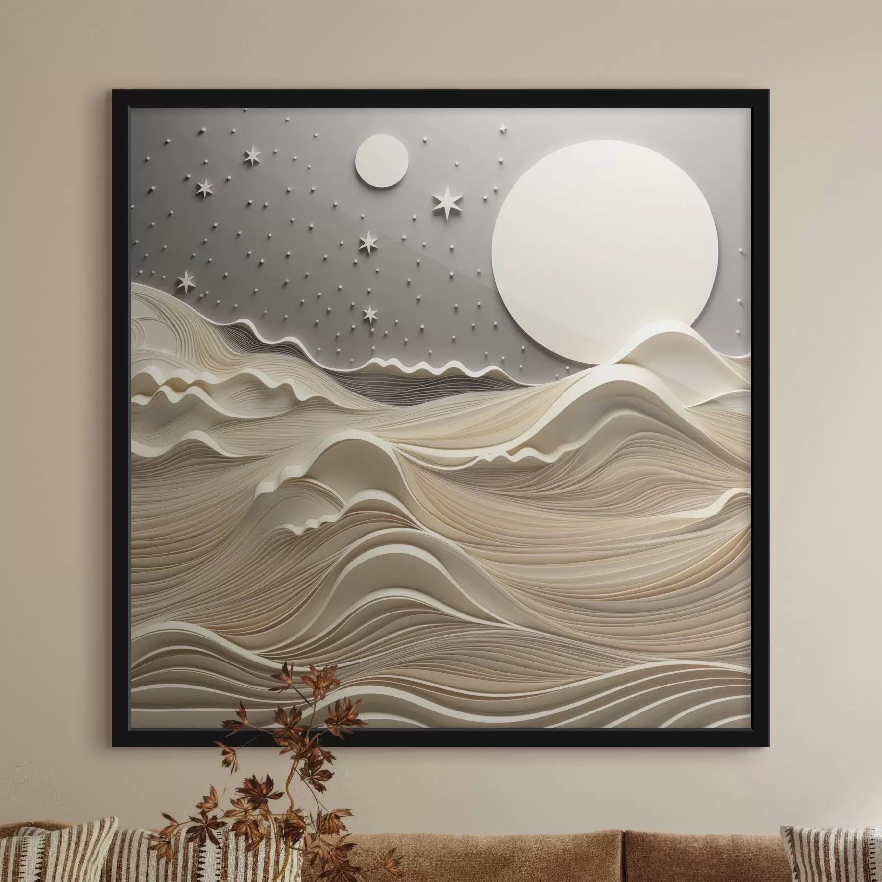 murales de pared Un paisaje minimalista y estilizado con colinas onduladas y una gran luna en un cielo estrellado; arte abstracto f48401