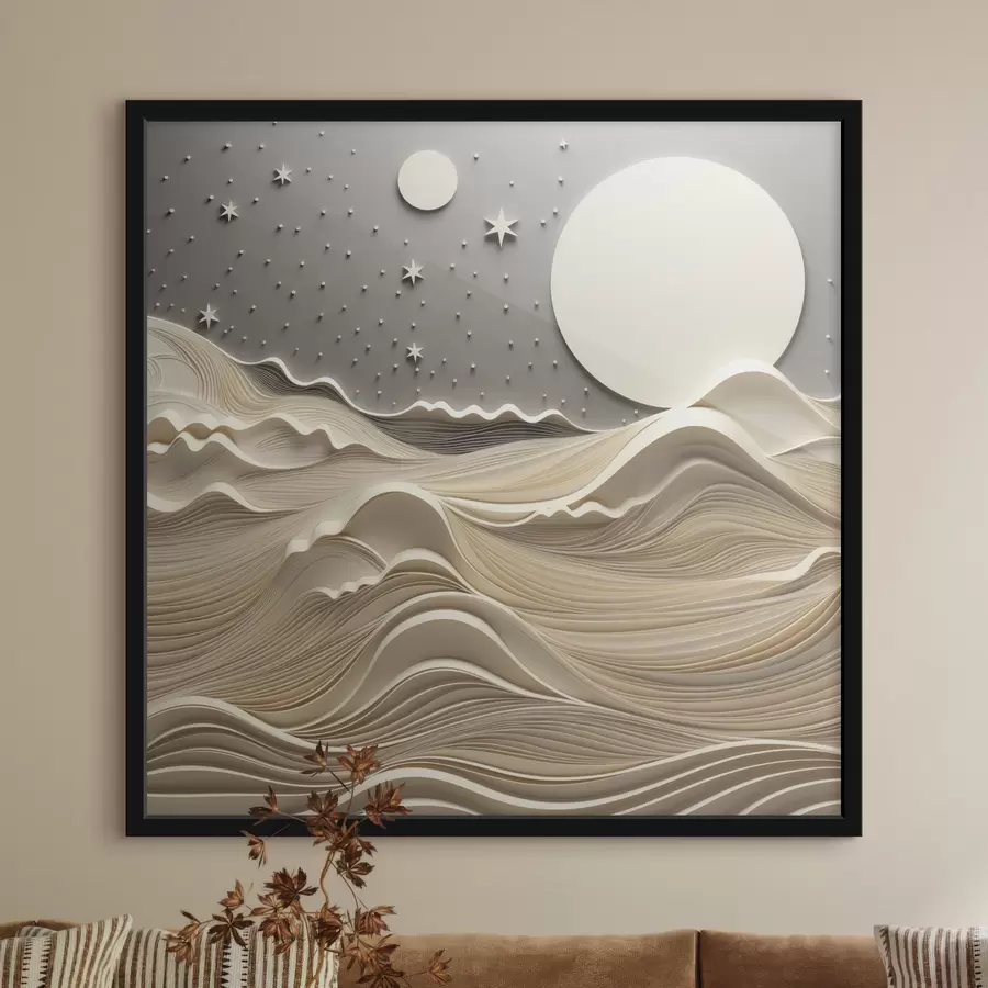 murales de pared Un paisaje minimalista y estilizado con colinas onduladas y una gran luna en un cielo estrellado; arte abstracto f48401