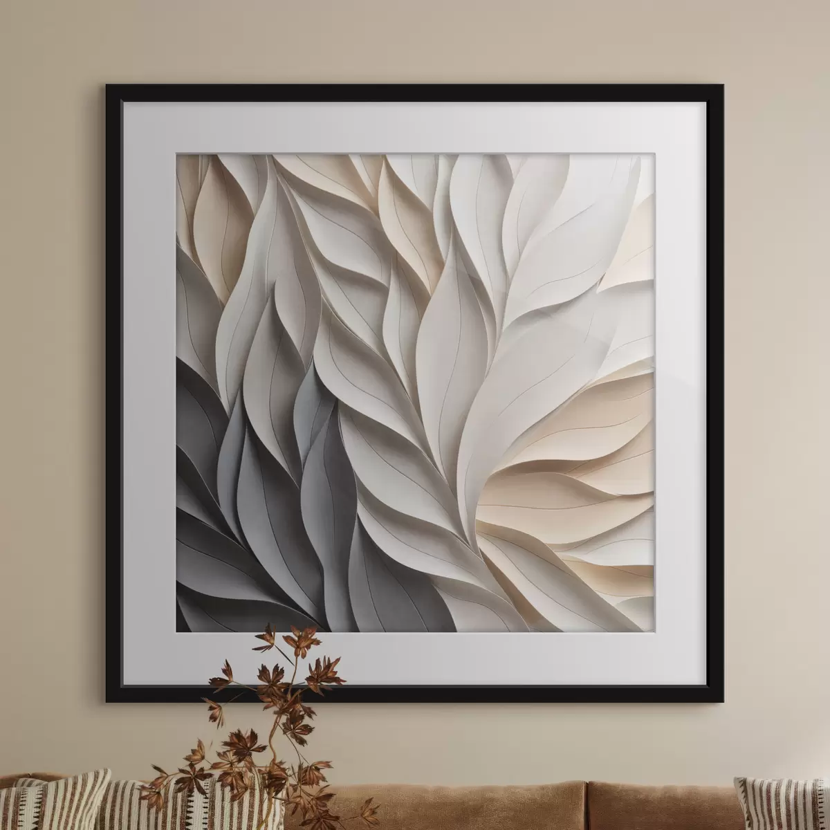 Poster Un diseño abstracto de hojas superpuestas con textura en tonos neutros de beige, crema y gris f48407