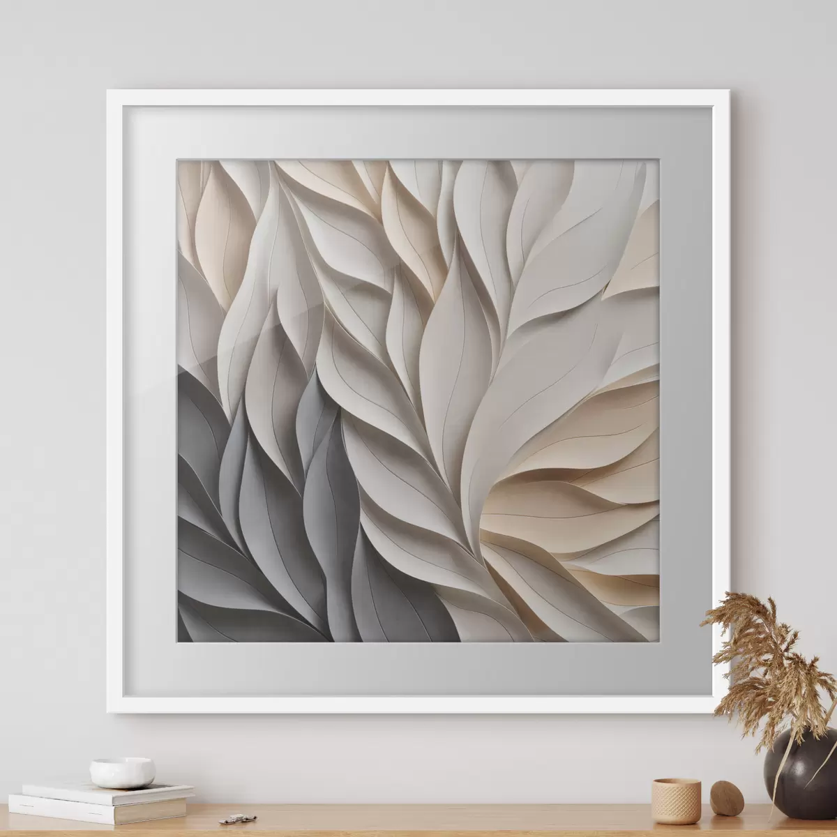 Poster Un diseño abstracto de hojas superpuestas con textura en tonos neutros de beige, crema y gris f48407