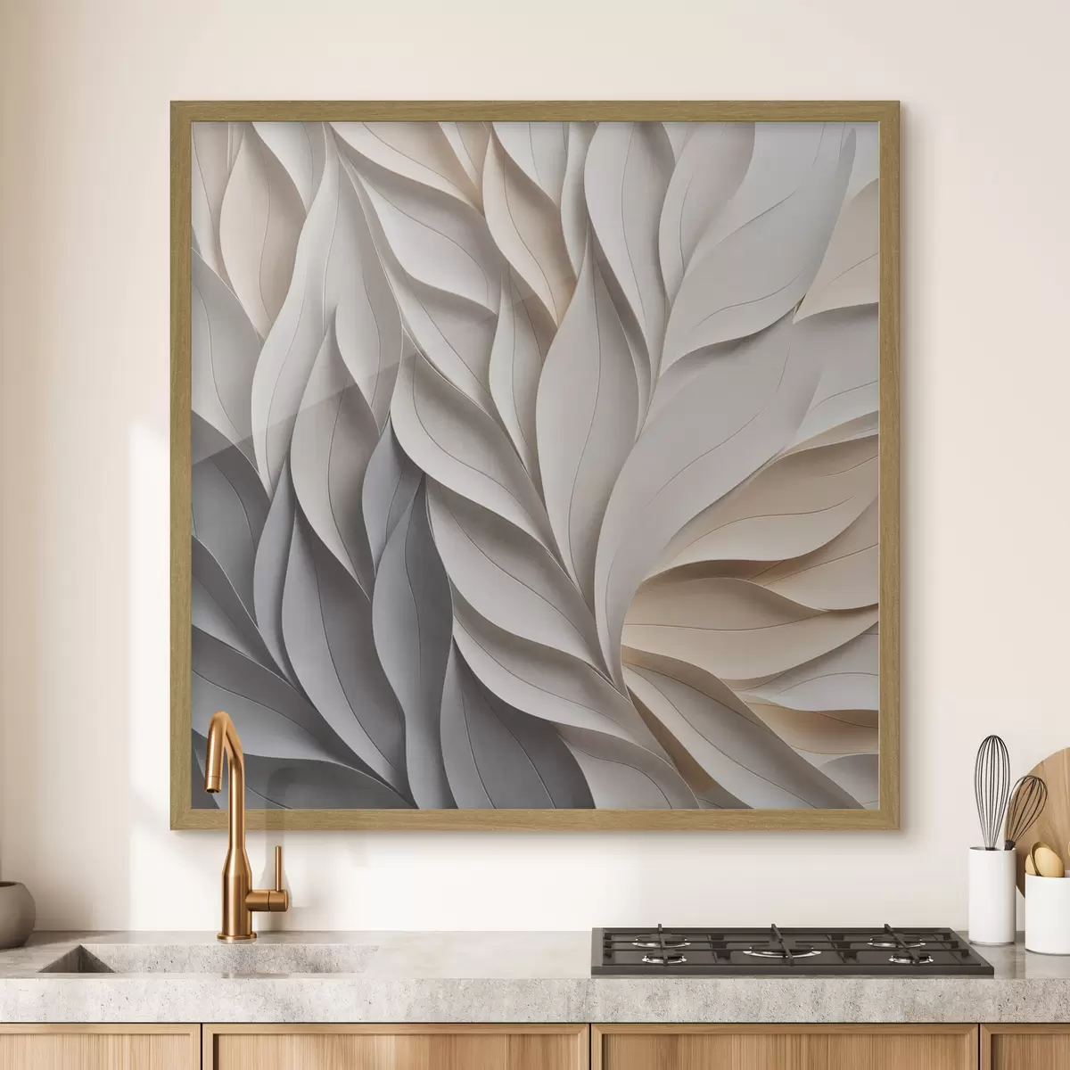 Poster Un diseño abstracto de hojas superpuestas con textura en tonos neutros de beige, crema y gris f48407