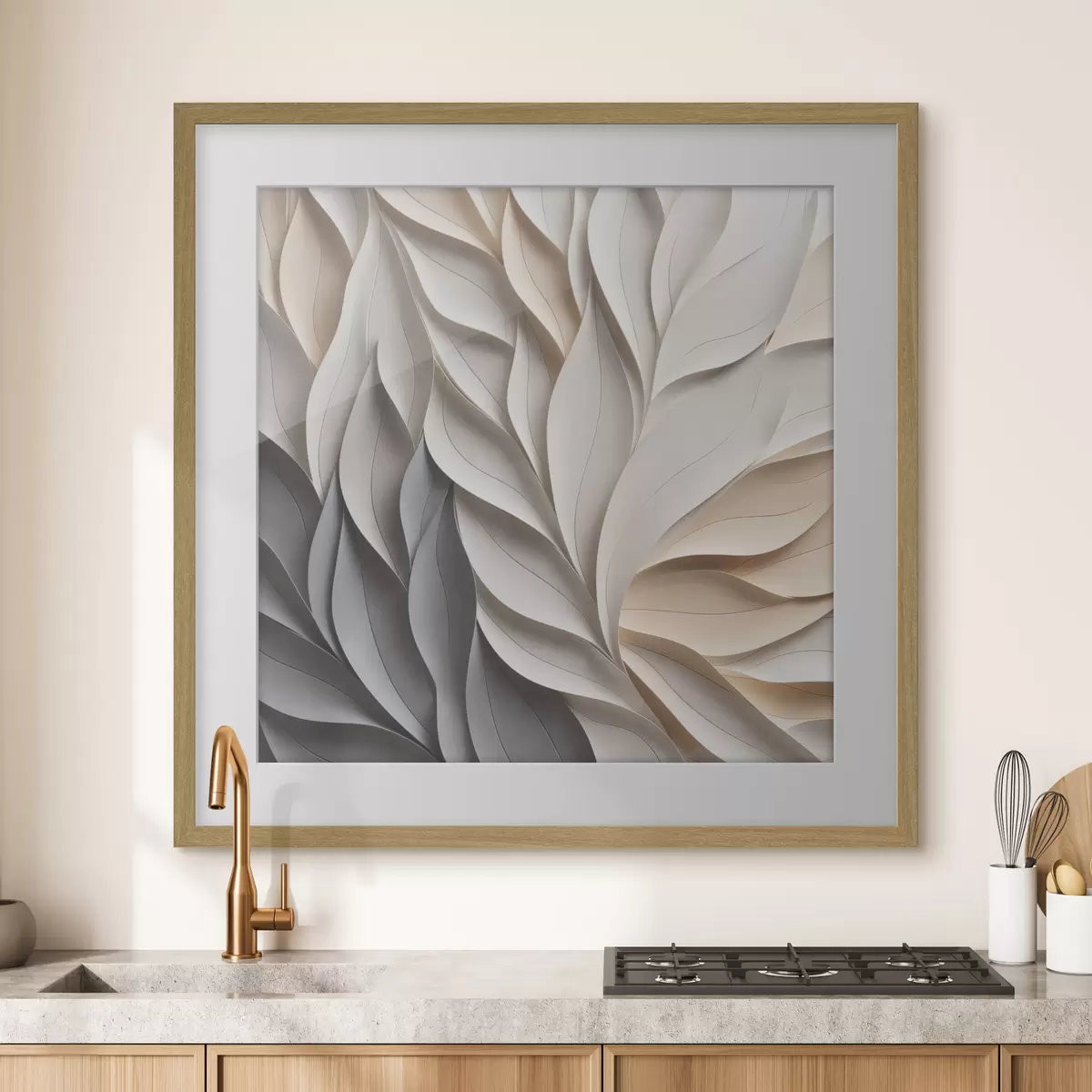 Poster Un diseño abstracto de hojas superpuestas con textura en tonos neutros de beige, crema y gris f48407