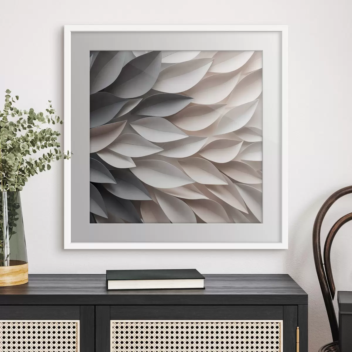 Poster Un diseño abstracto de hojas superpuestas con textura en tonos neutros de beige, crema y gris f48408