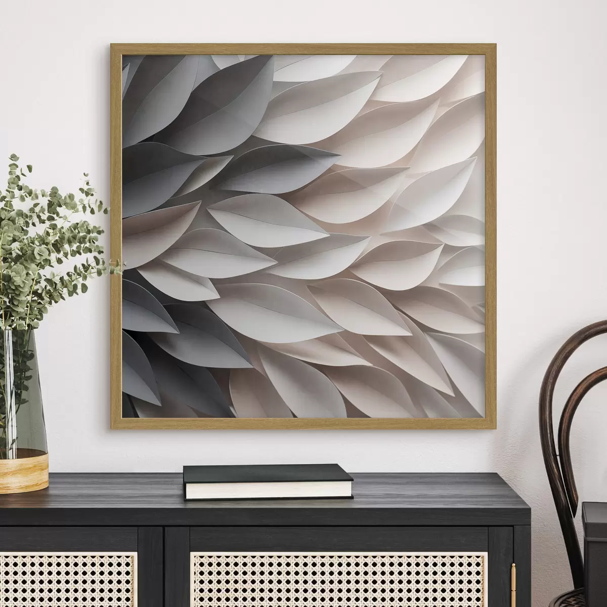 Poster Un diseño abstracto de hojas superpuestas con textura en tonos neutros de beige, crema y gris f48408