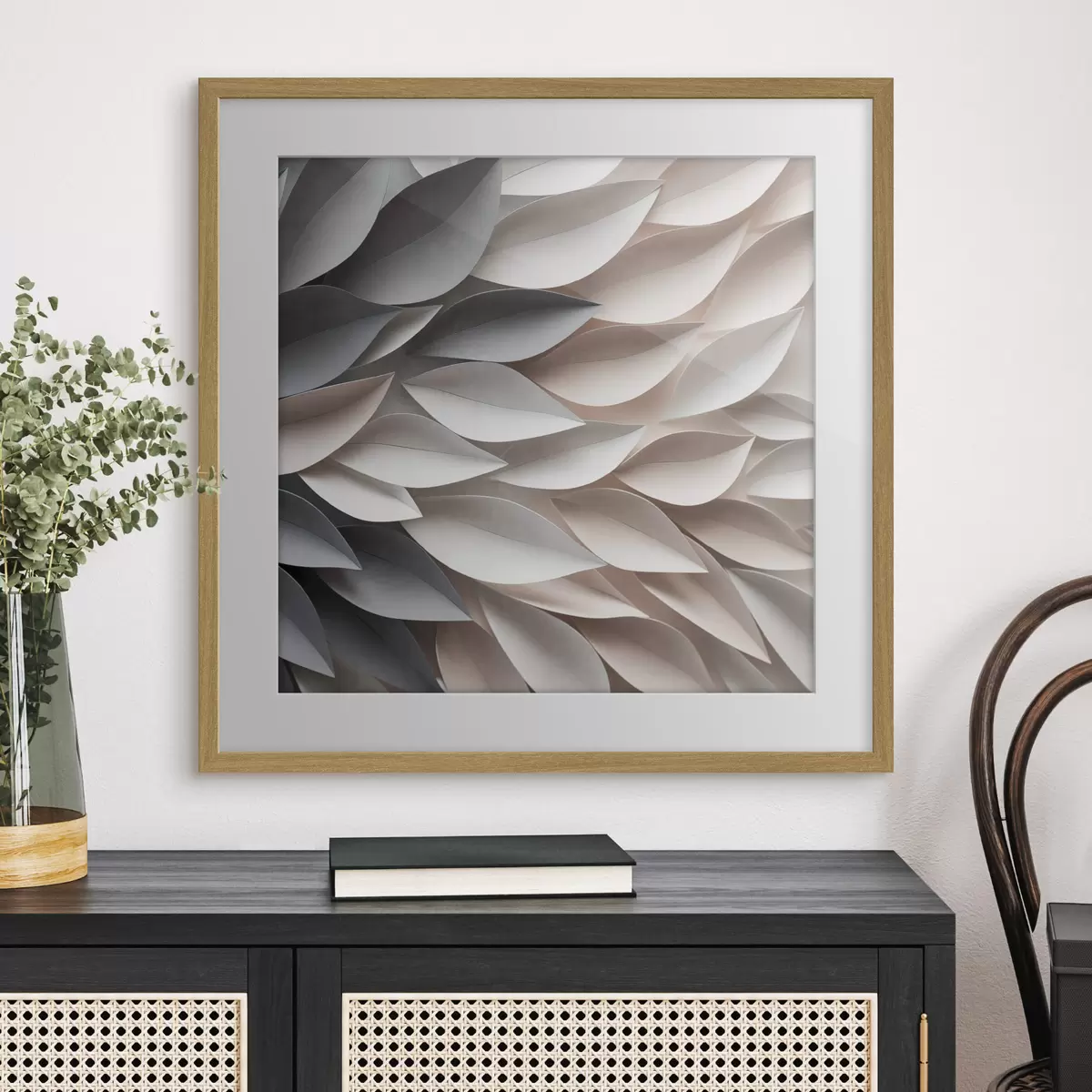 Poster Un diseño abstracto de hojas superpuestas con textura en tonos neutros de beige, crema y gris f48408