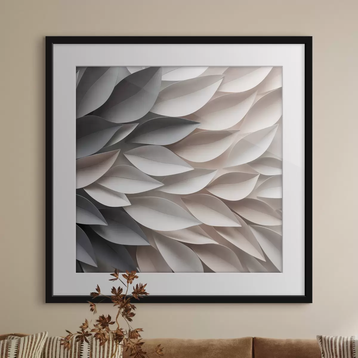Poster Un diseño abstracto de hojas superpuestas con textura en tonos neutros de beige, crema y gris f48408