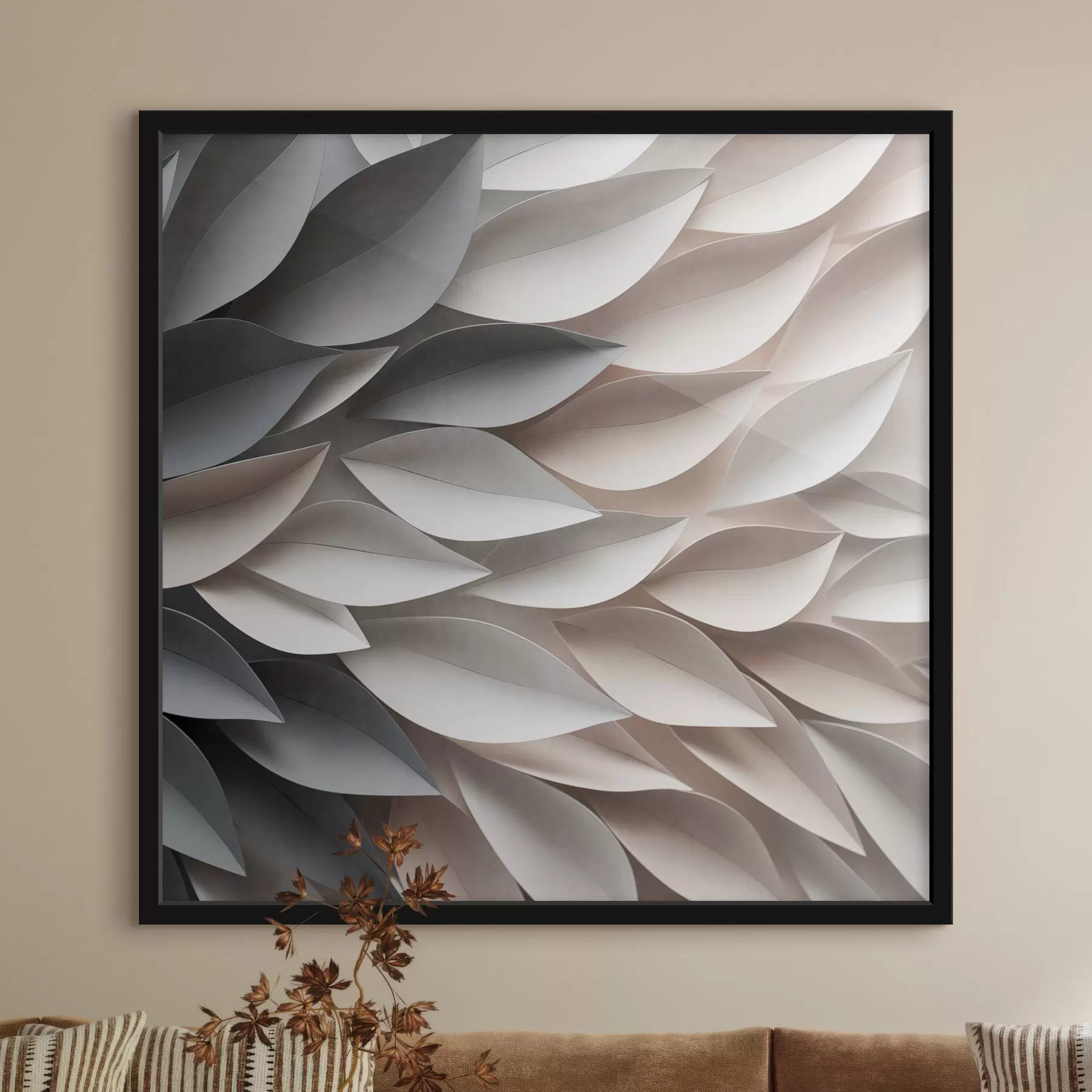murales de pared Un diseño abstracto de hojas superpuestas con textura en tonos neutros de beige, crema y gris f48408