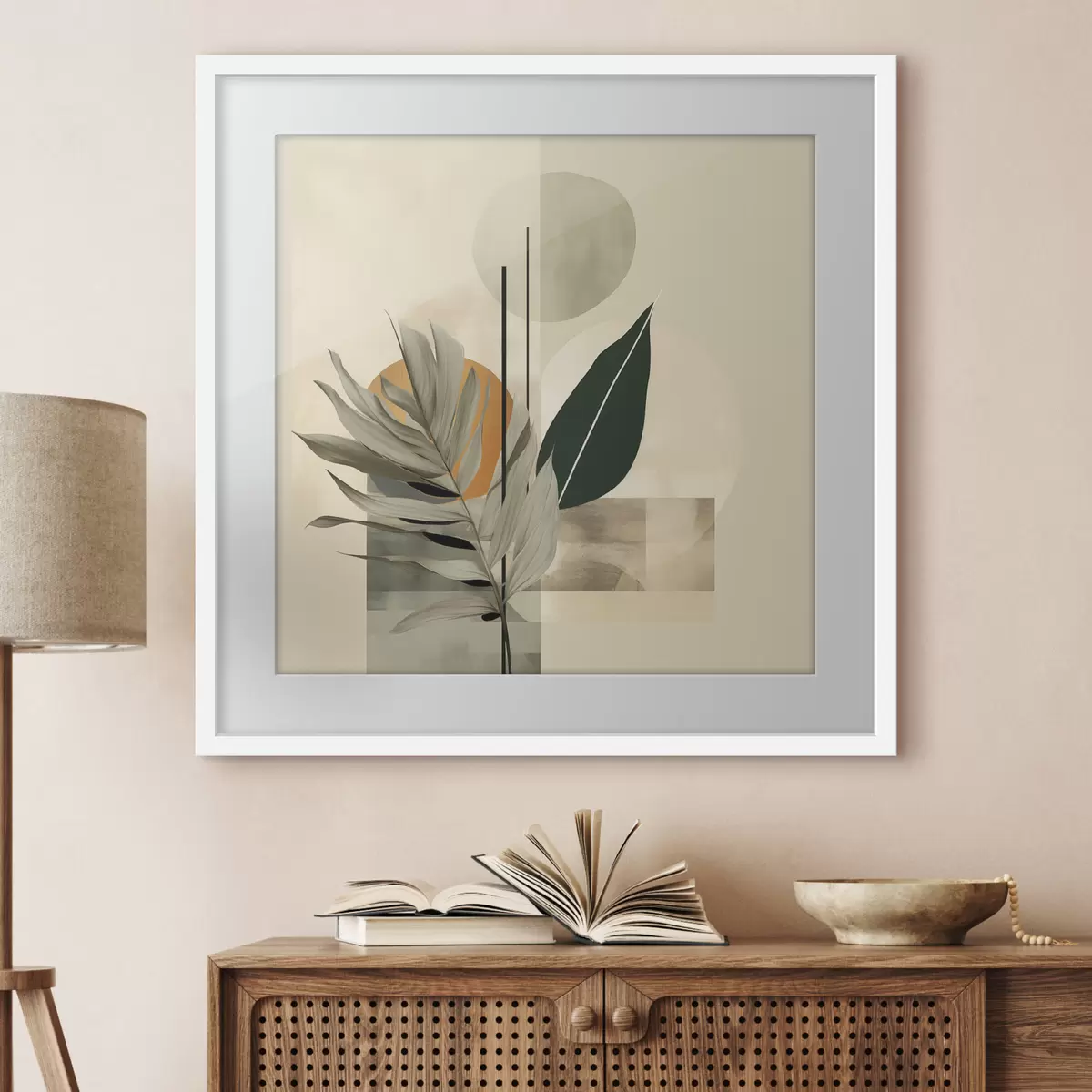 Poster Una planta de color verde oscuro con formas geométricas abstractas y texturas de acuarela en tonos beige y verde f48410