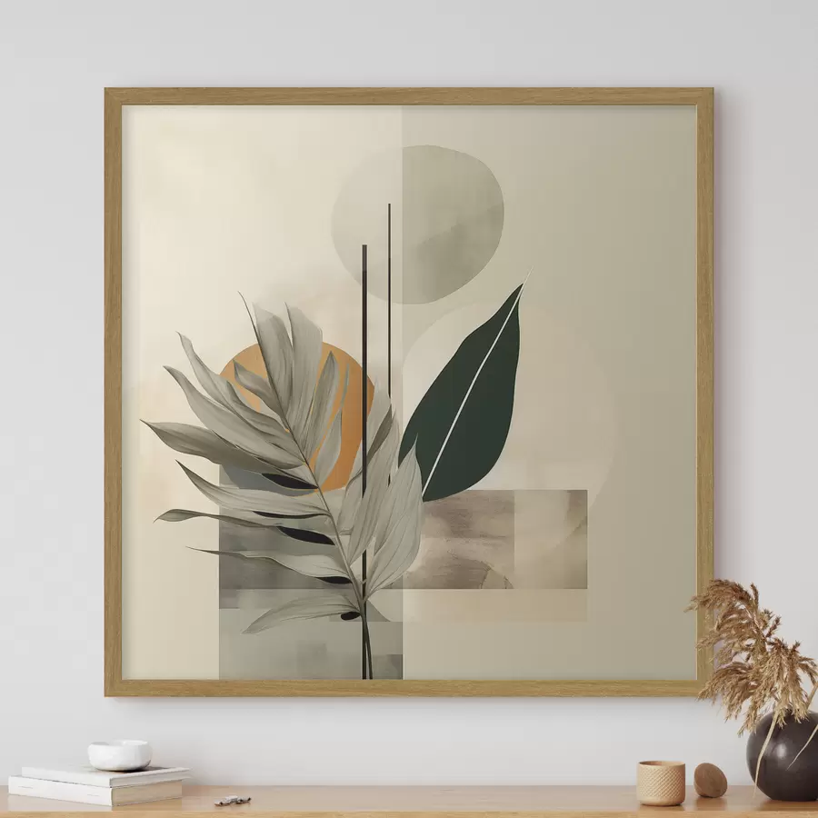 murales de pared Una planta de color verde oscuro con formas geométricas abstractas y texturas de acuarela en tonos beige y verde f48410