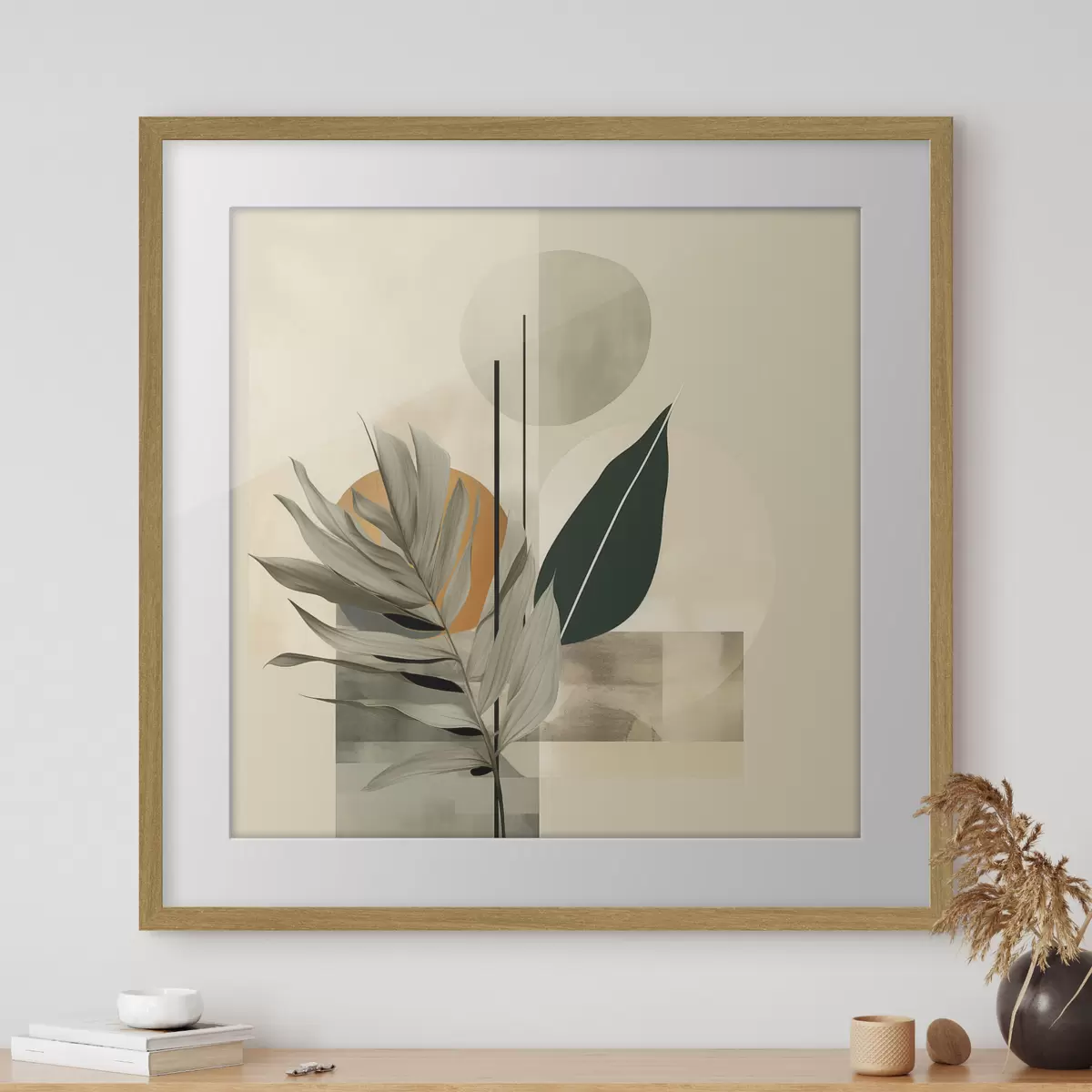 Poster Una planta de color verde oscuro con formas geométricas abstractas y texturas de acuarela en tonos beige y verde f48410
