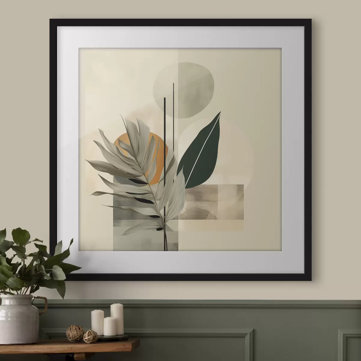 Poster Una planta de color verde oscuro con formas geométricas abstractas y texturas de acuarela en tonos beige y verde f48410