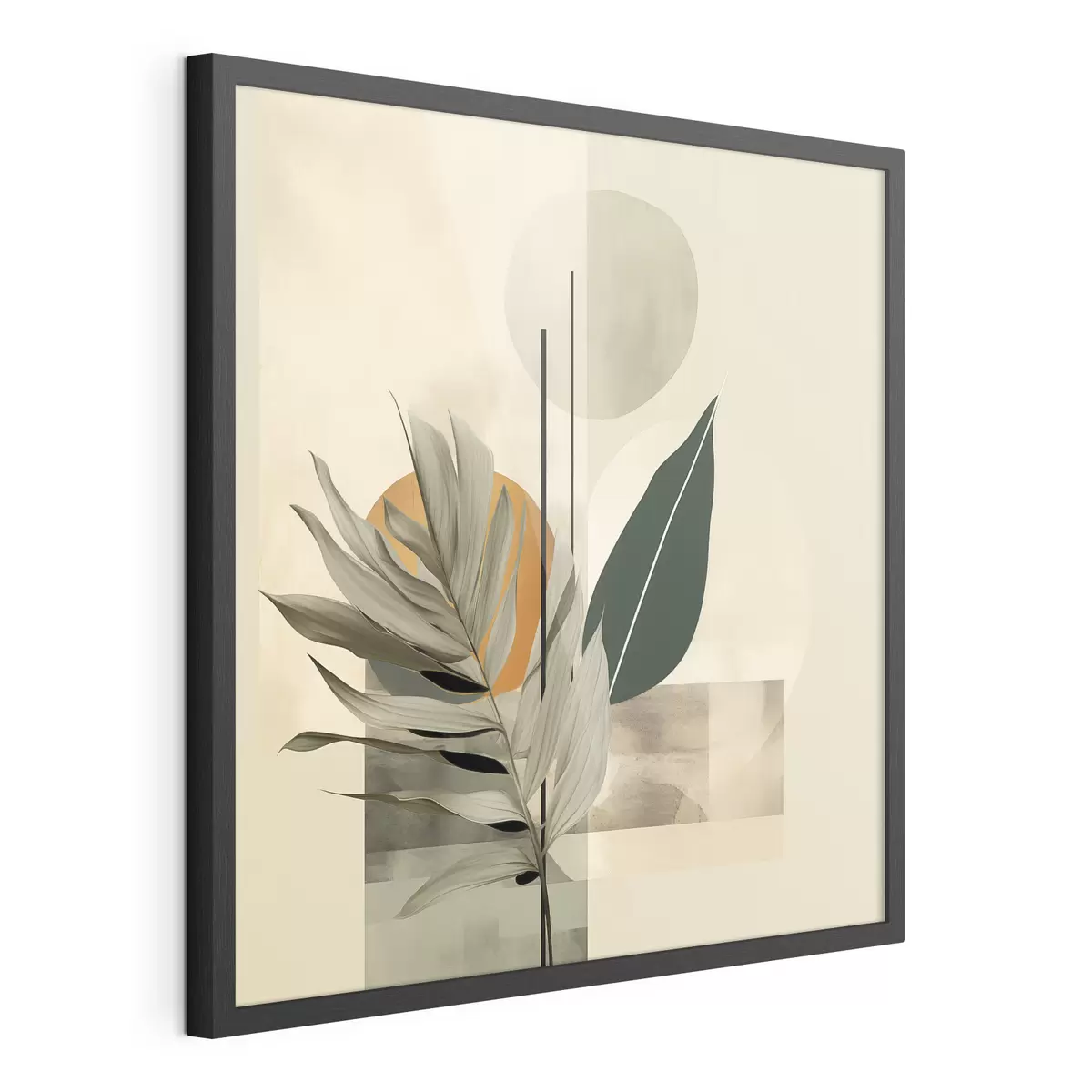 Poster Una planta de color verde oscuro con formas geométricas abstractas y texturas de acuarela en tonos beige y verde f48410