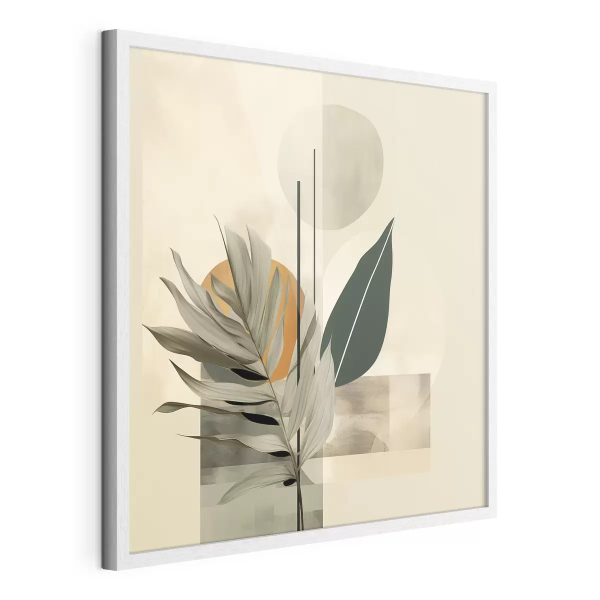 Poster Una planta de color verde oscuro con formas geométricas abstractas y texturas de acuarela en tonos beige y verde f48410