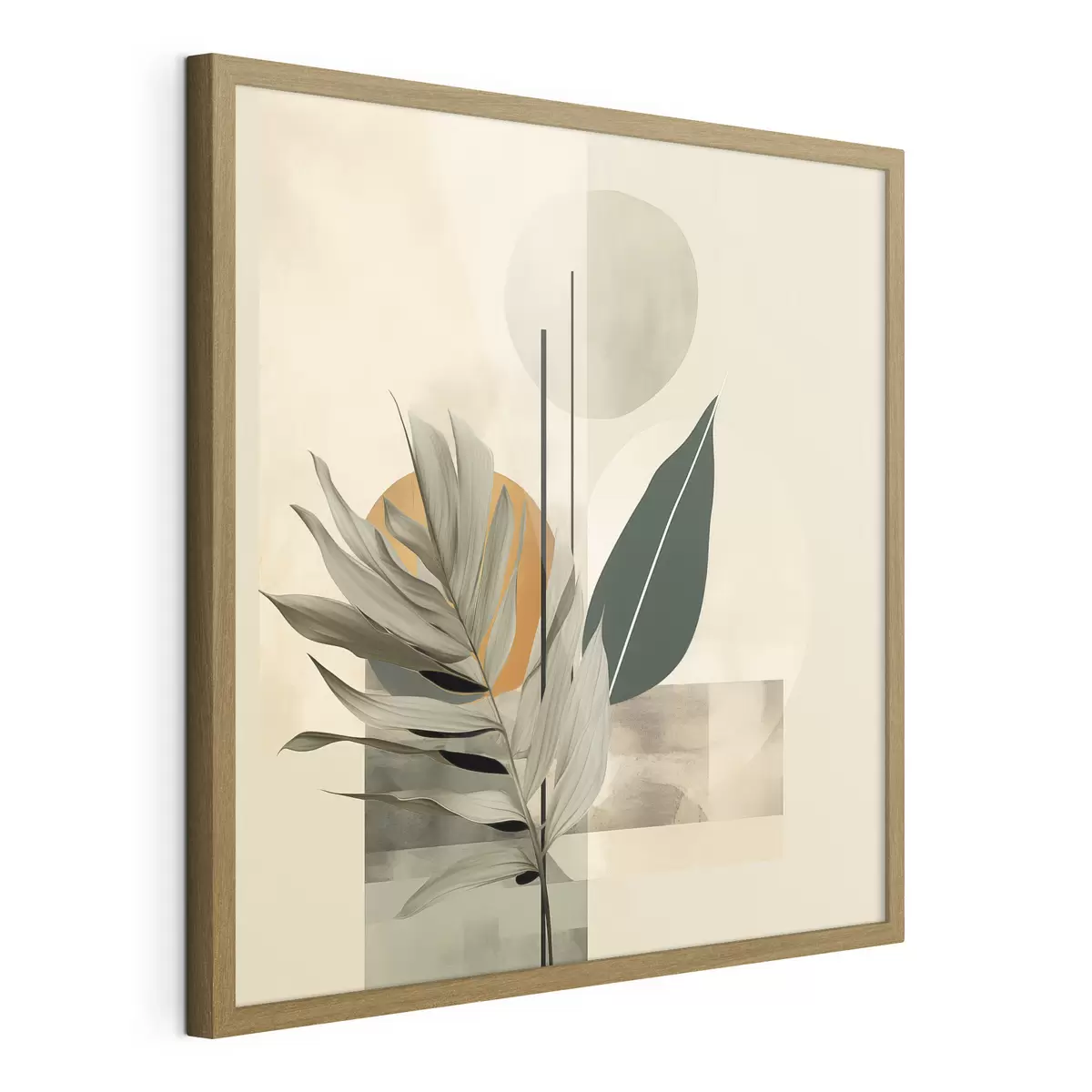 Poster Una planta de color verde oscuro con formas geométricas abstractas y texturas de acuarela en tonos beige y verde f48410