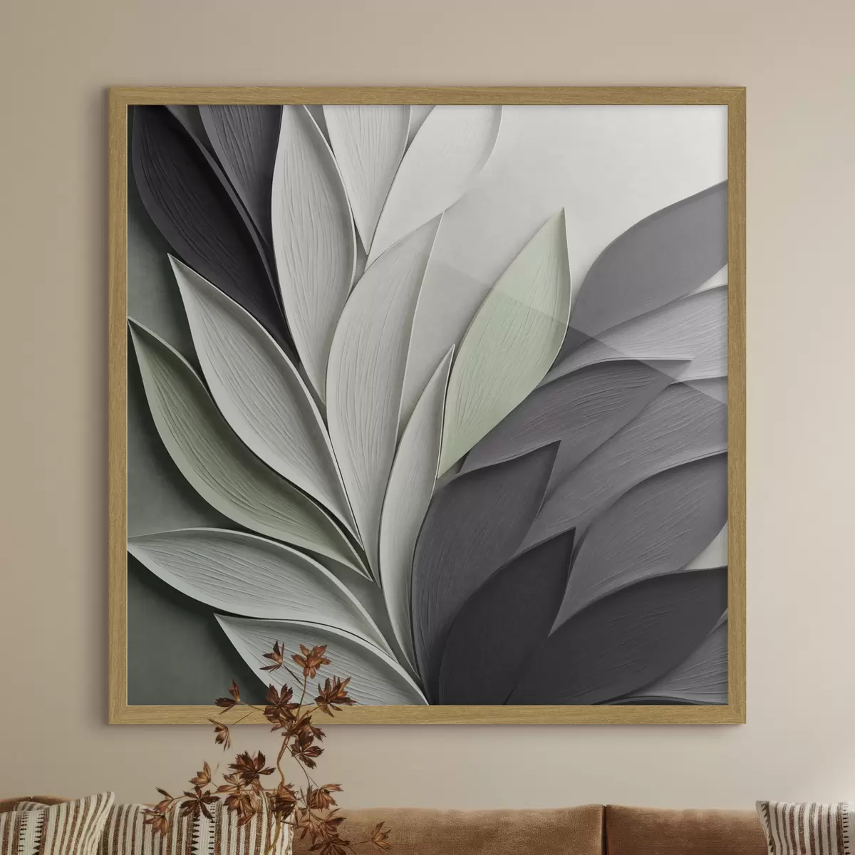 Poster Hojas estilizadas y abstractas en tonos grises, blancos y verdes apagados f48411
