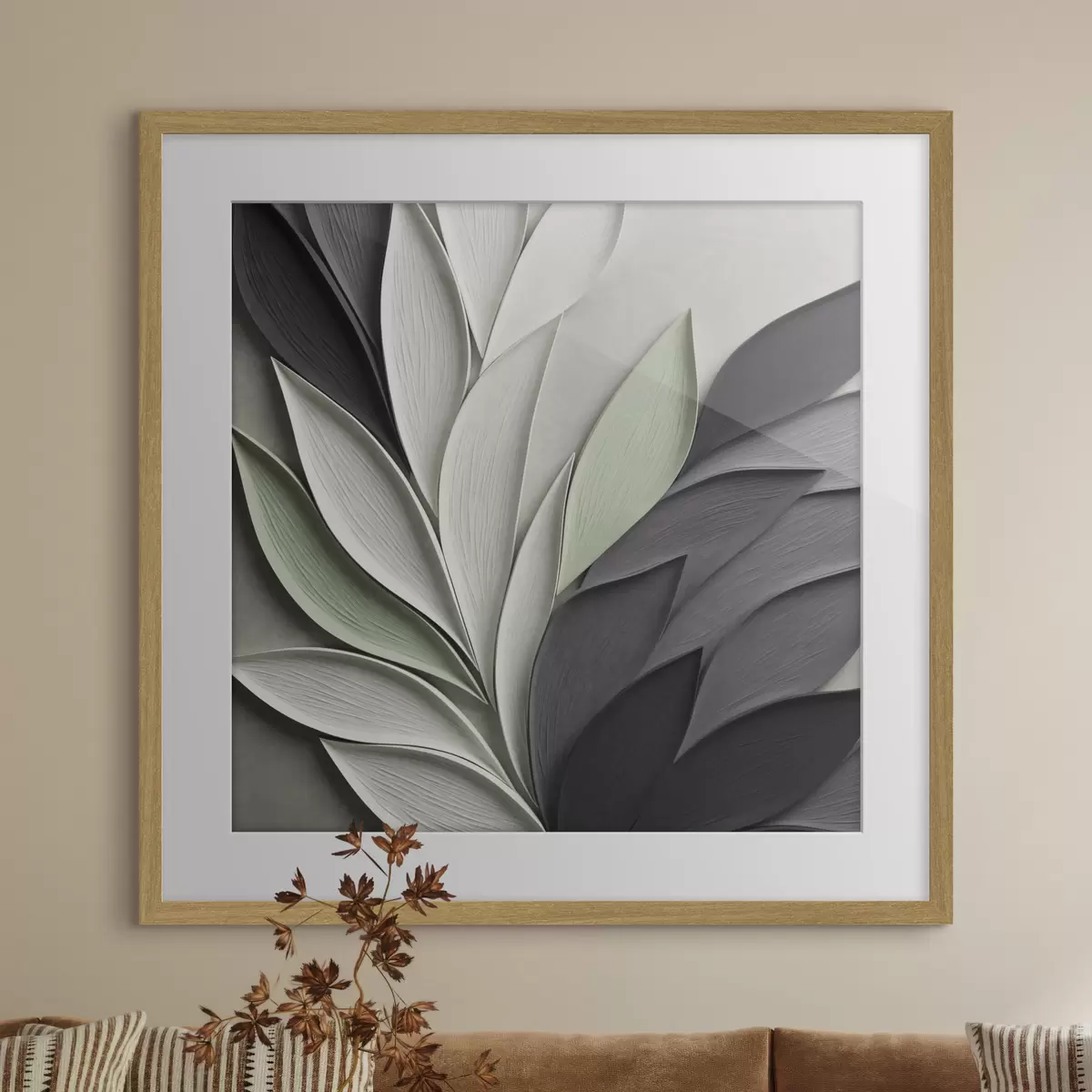 Poster Hojas estilizadas y abstractas en tonos grises, blancos y verdes apagados f48411