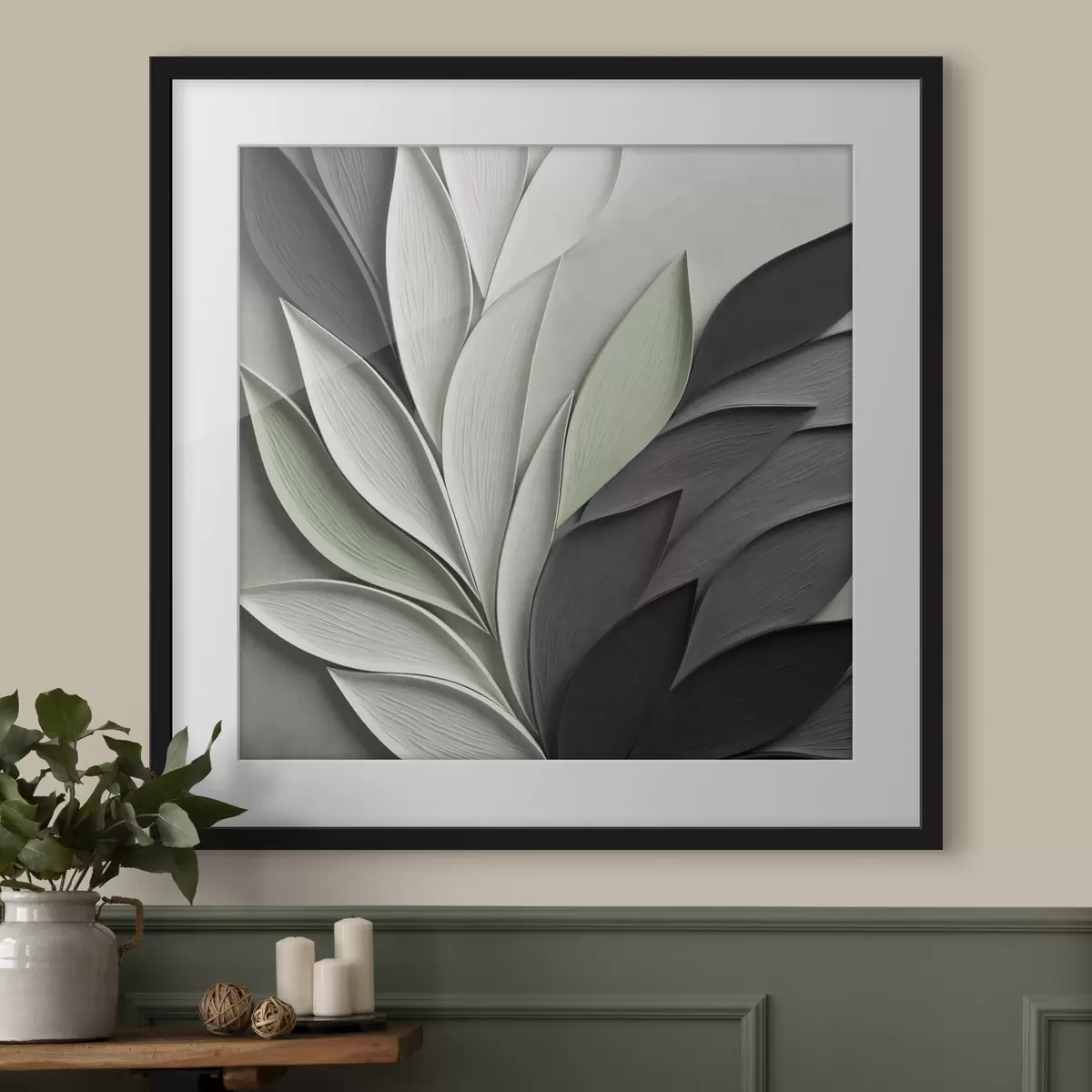 Poster Hojas estilizadas y abstractas en tonos grises, blancos y verdes apagados f48411