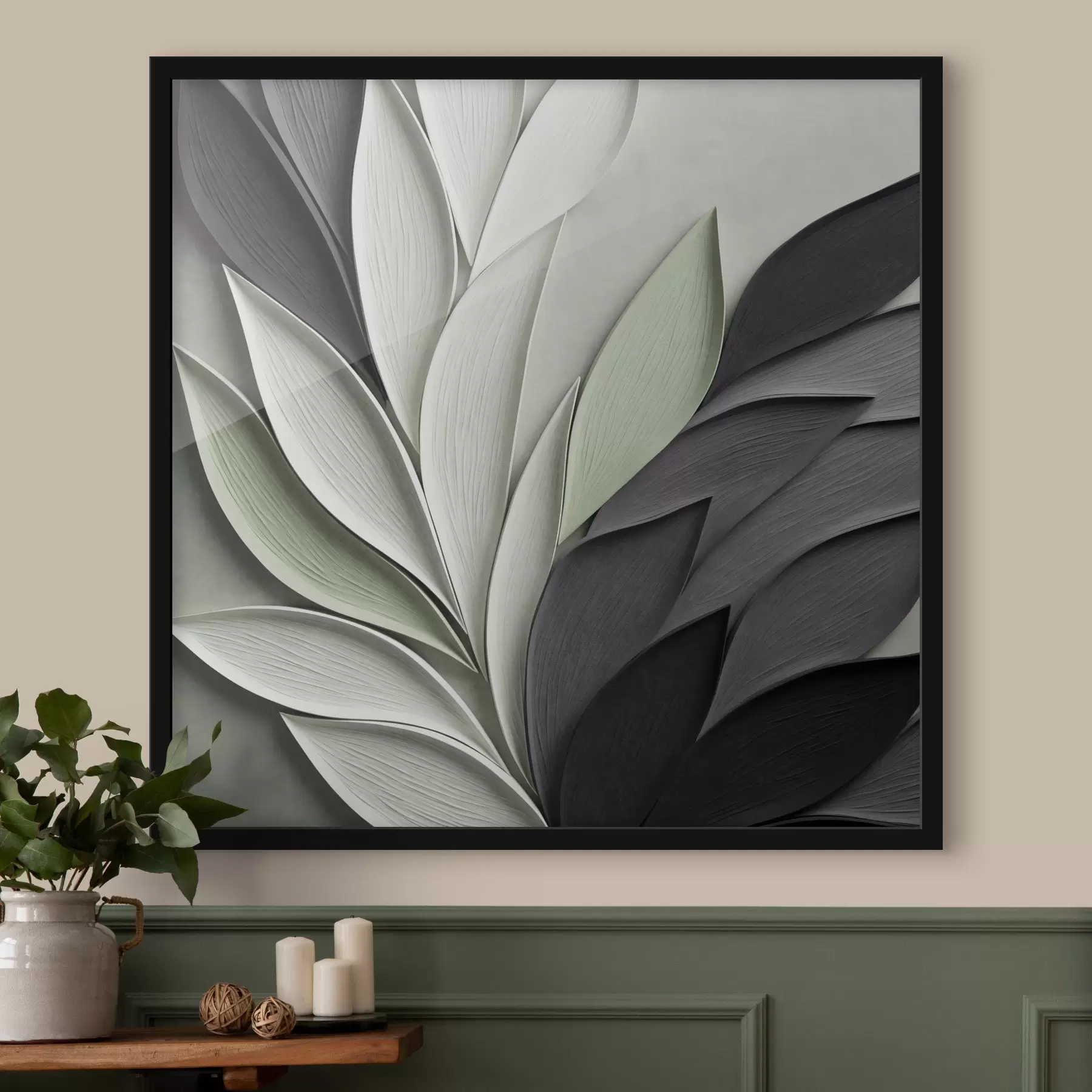 murales de pared Hojas estilizadas y abstractas en tonos grises, blancos y verdes apagados f48411
