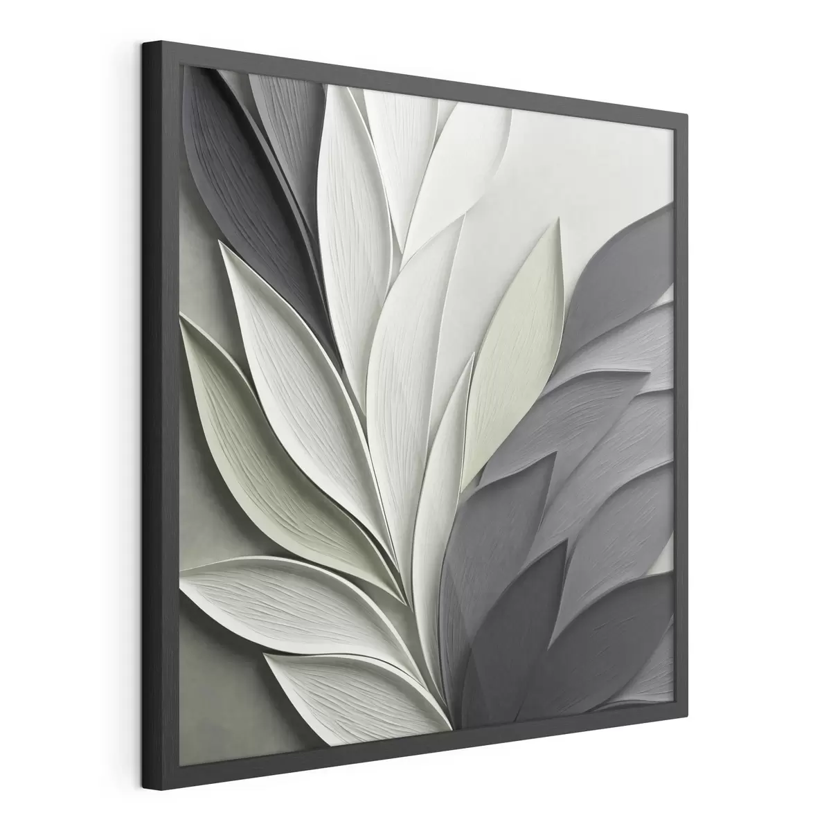 Poster Hojas estilizadas y abstractas en tonos grises, blancos y verdes apagados f48411