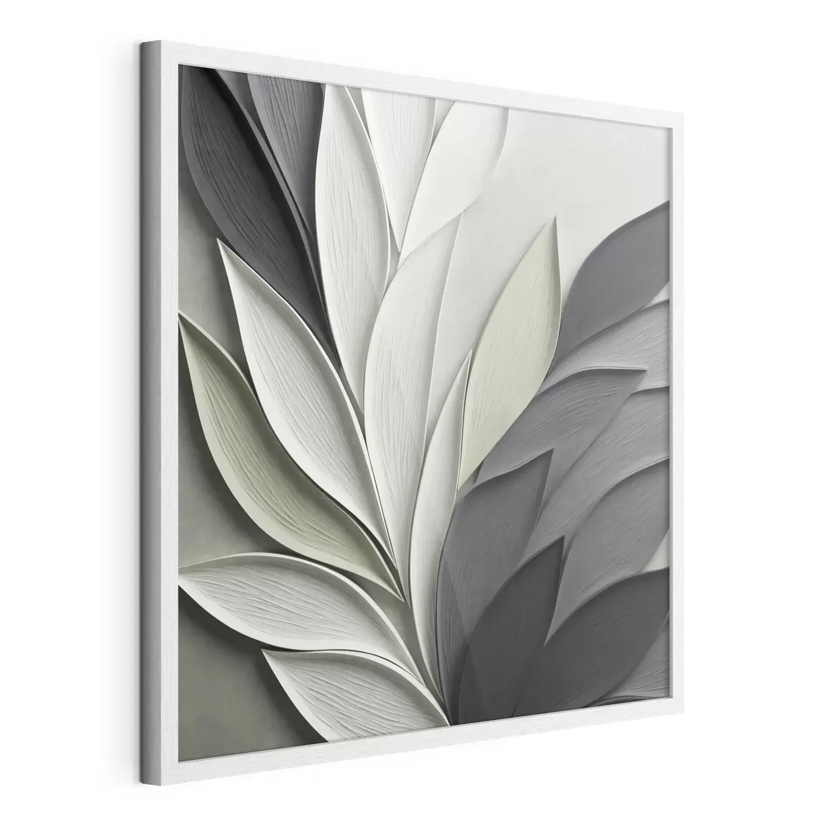 Poster Hojas estilizadas y abstractas en tonos grises, blancos y verdes apagados f48411