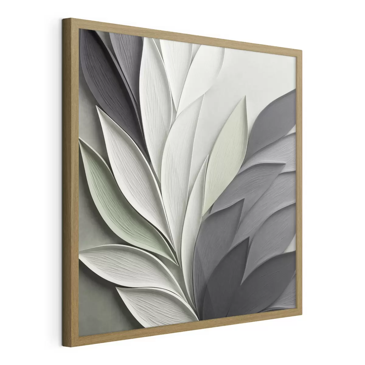 Poster Hojas estilizadas y abstractas en tonos grises, blancos y verdes apagados f48411