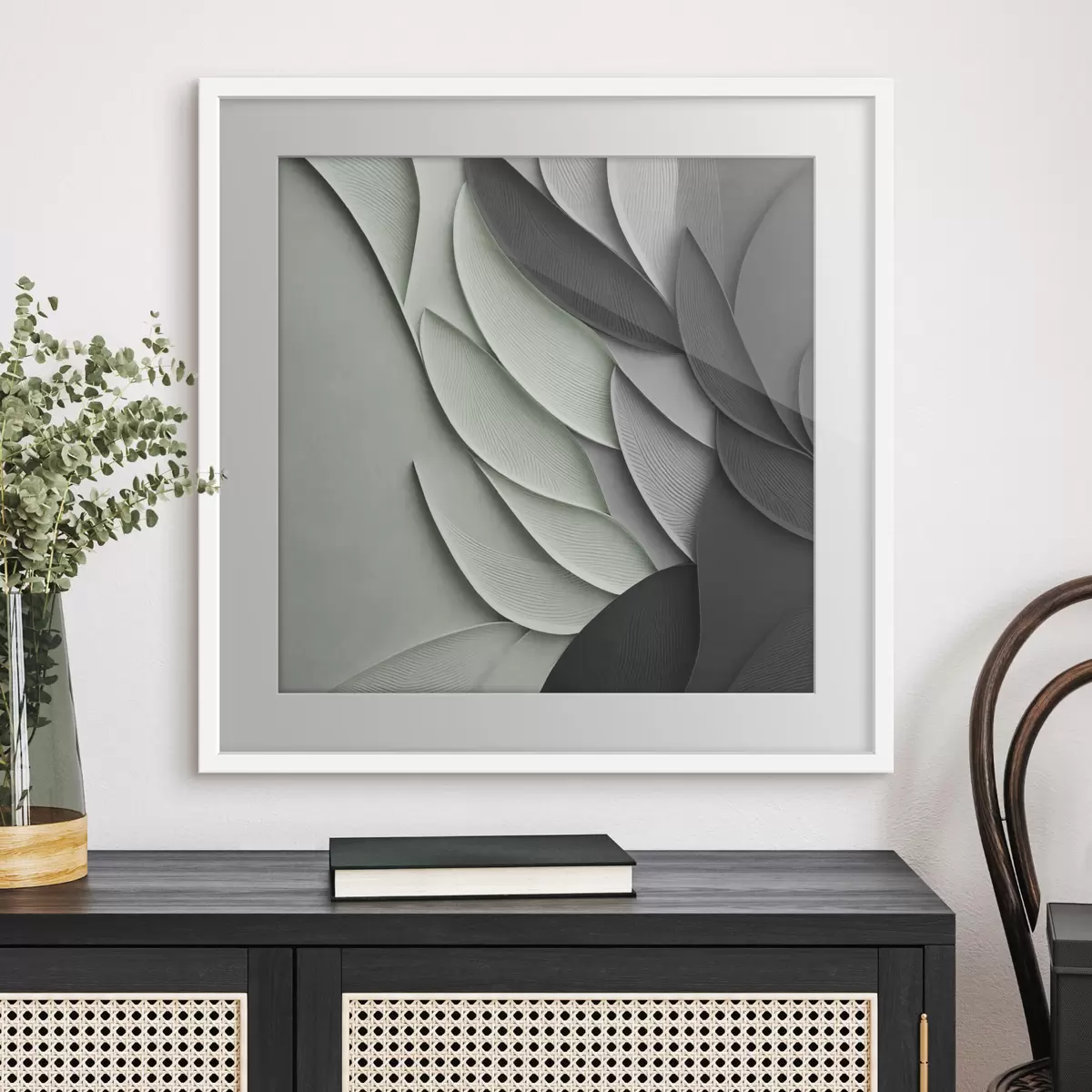 Poster Hojas estilizadas y abstractas en tonos grises, blancos y verdes apagados f48412