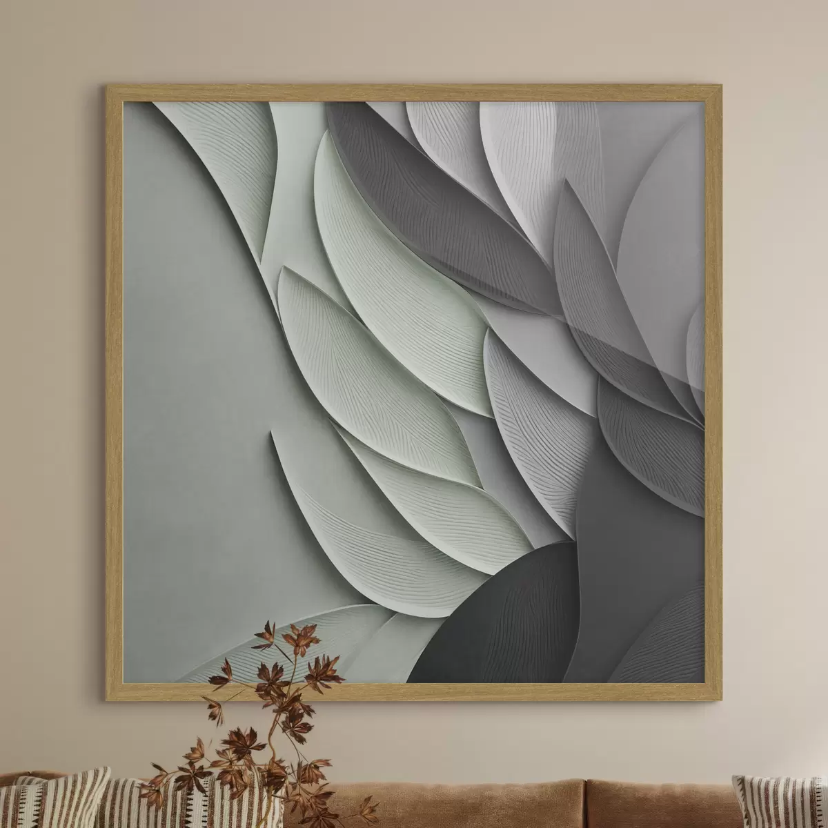 Poster Hojas estilizadas y abstractas en tonos grises, blancos y verdes apagados f48412