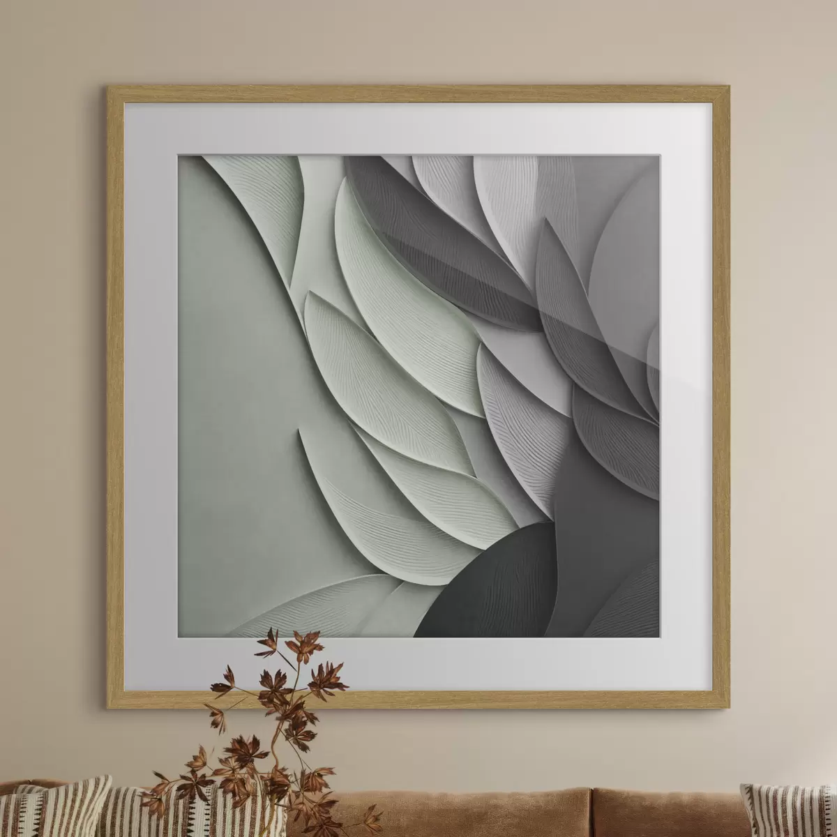 Poster Hojas estilizadas y abstractas en tonos grises, blancos y verdes apagados f48412