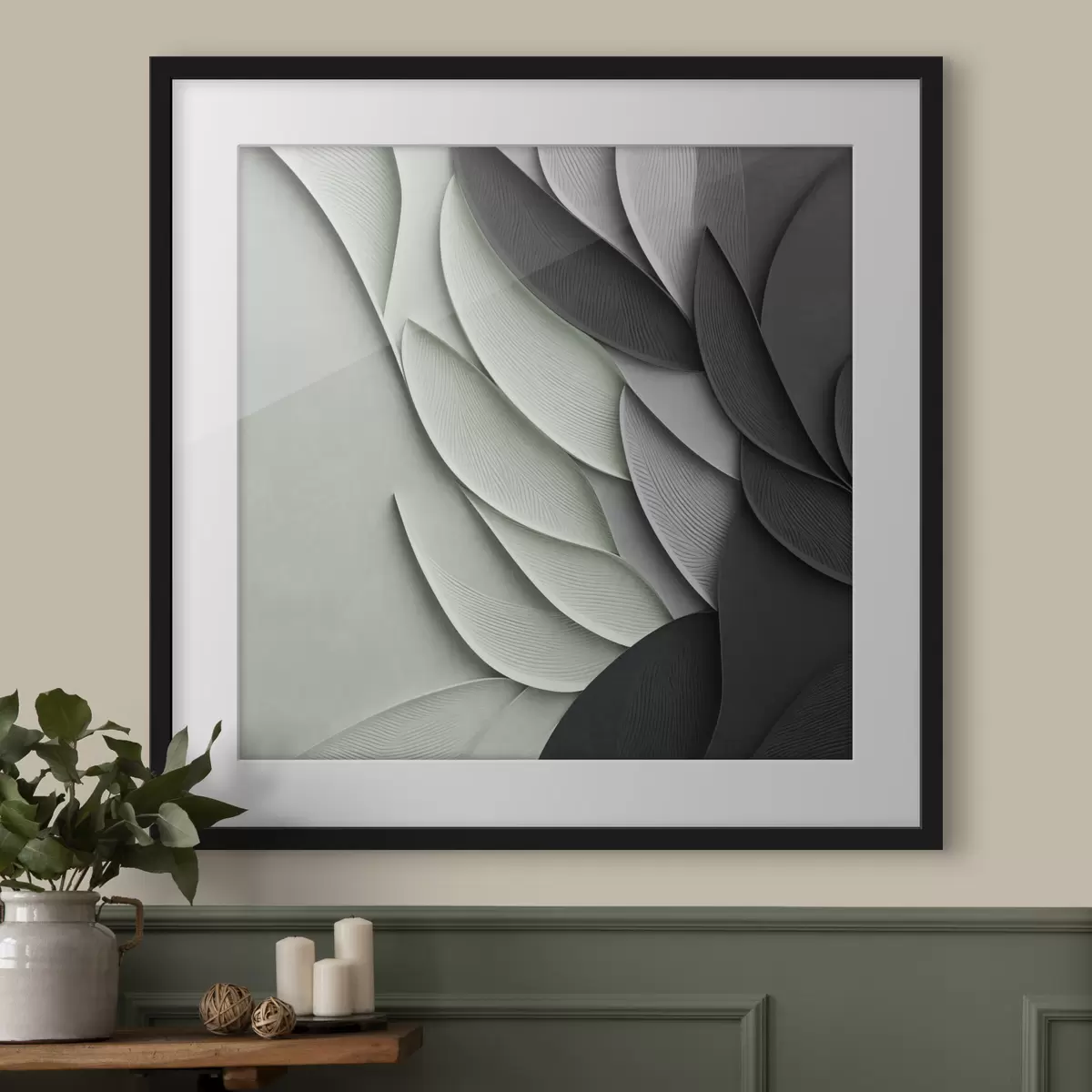 Poster Hojas estilizadas y abstractas en tonos grises, blancos y verdes apagados f48412