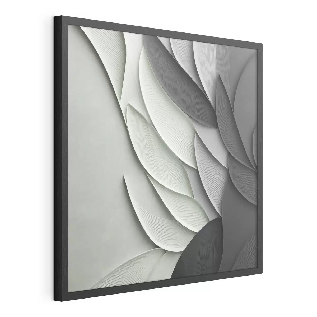 Poster Hojas estilizadas y abstractas en tonos grises, blancos y verdes apagados f48412