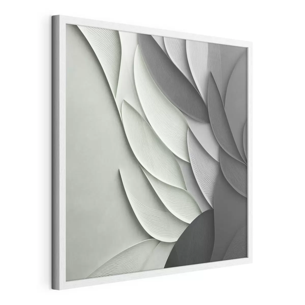 Poster Hojas estilizadas y abstractas en tonos grises, blancos y verdes apagados f48412