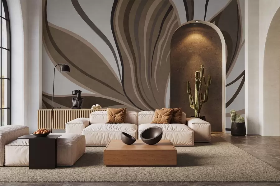 murales de pared Flor estilizada con líneas fluidas en tonos marrones w05147