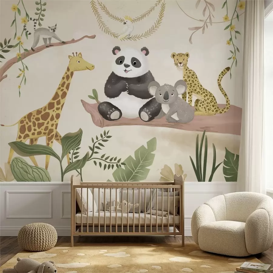 murales de pared Simpáticos animales de la selva en una rama entre las plantas w05393