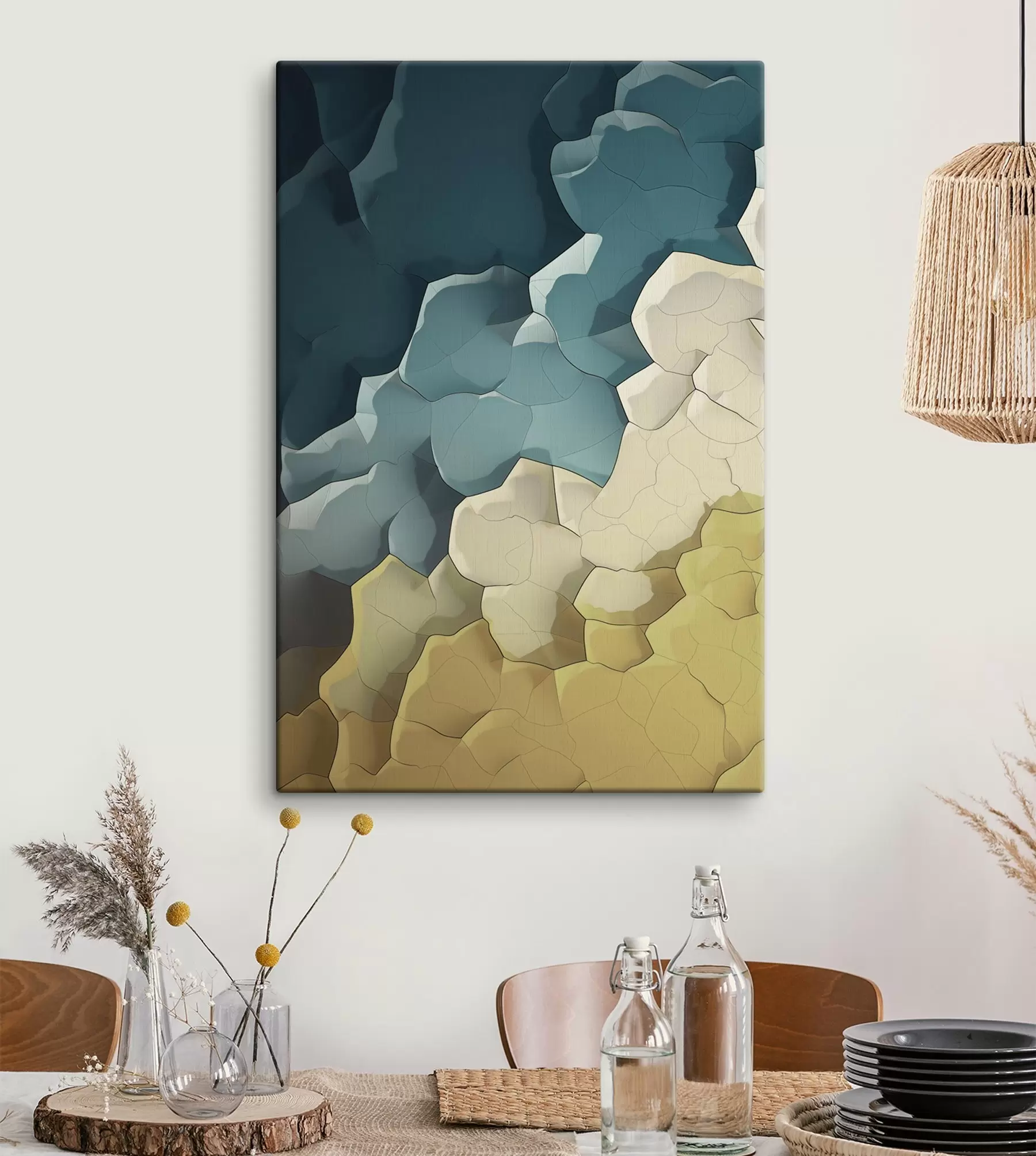 murales de pared Abstracción en tonos beige y turquesa, arte geométrico s48477