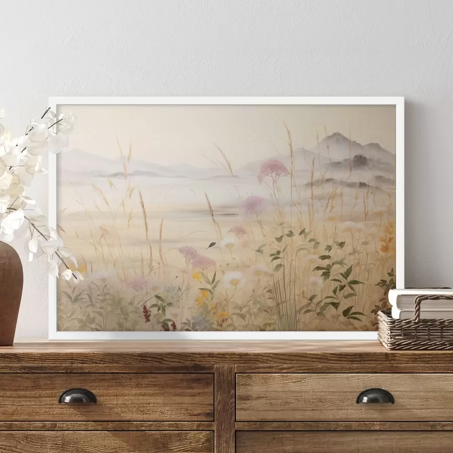 murales de pared Campo de flores beige, hierbas de pradera, paisaje delicado f48480