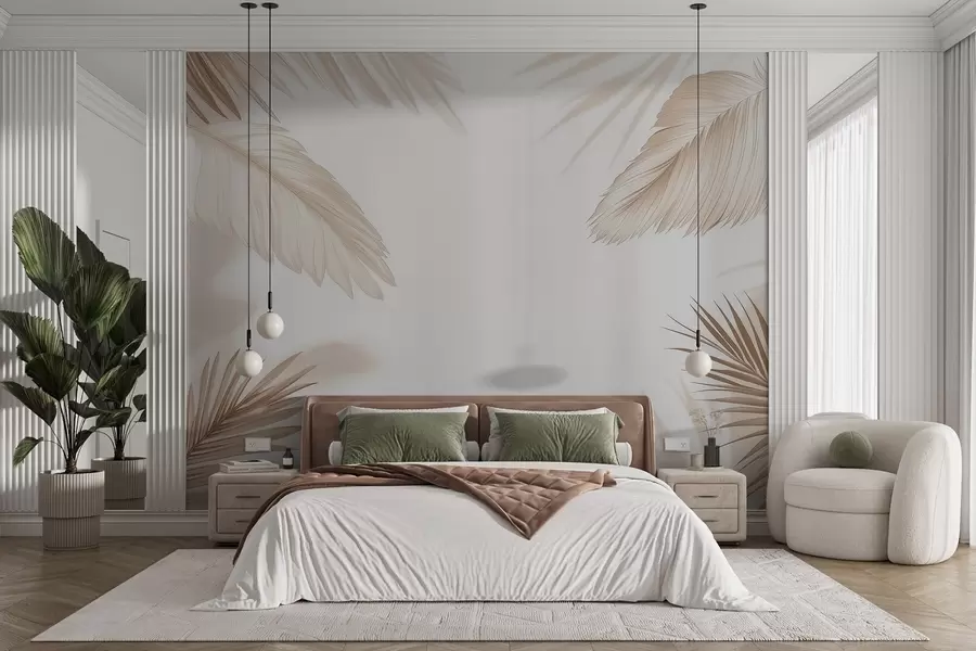 murales de pared Decoración tropical en tonos beige con siluetas de hojas de palmera y sombras suaves w09714