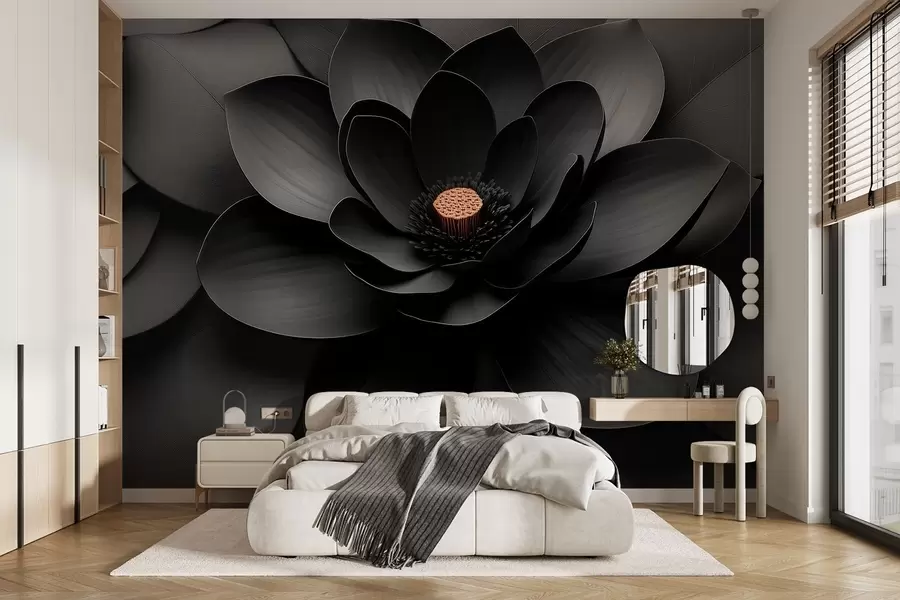 murales de pared Flor negra minimalista con pétalos y un centro cálido que contrasta w09721