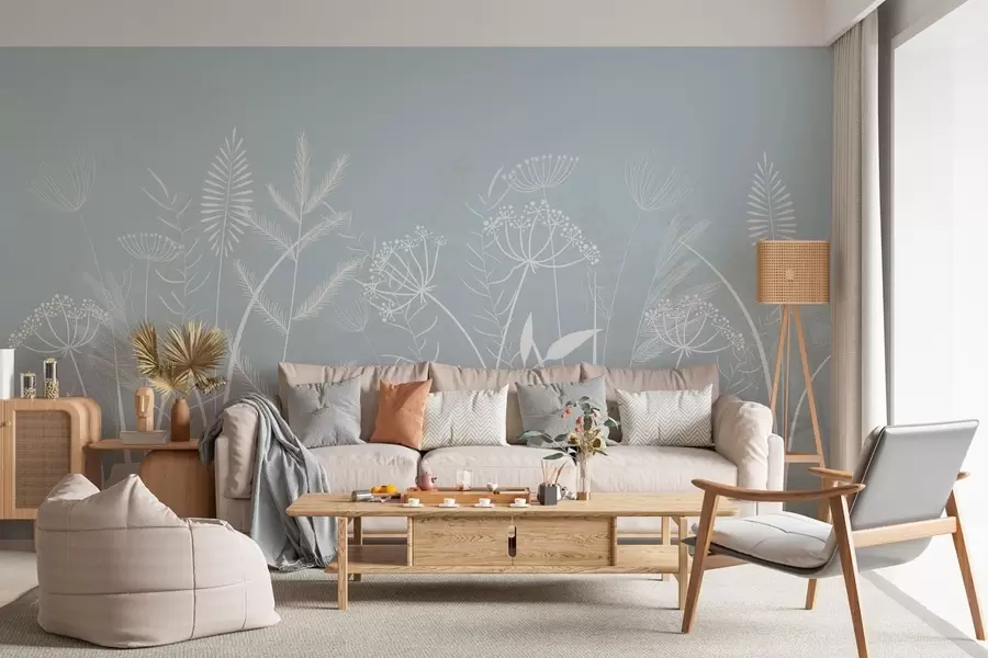 murales de pared delicadas hierbas silvestres y flores pintadas a mano sobre un fondo gris azulado w05383