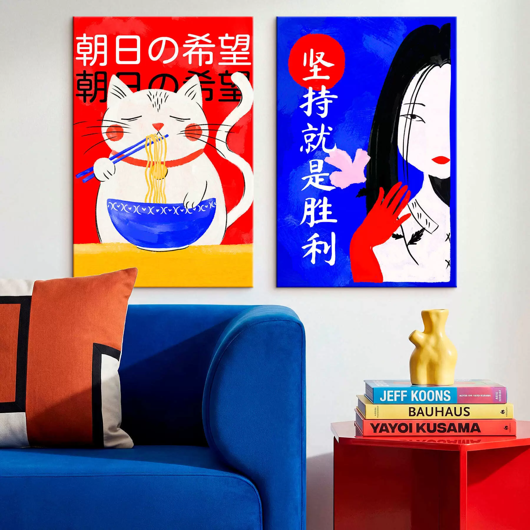 murales de pared Díptico con un gato y el retrato de una mujer en estilo llamativo m30233