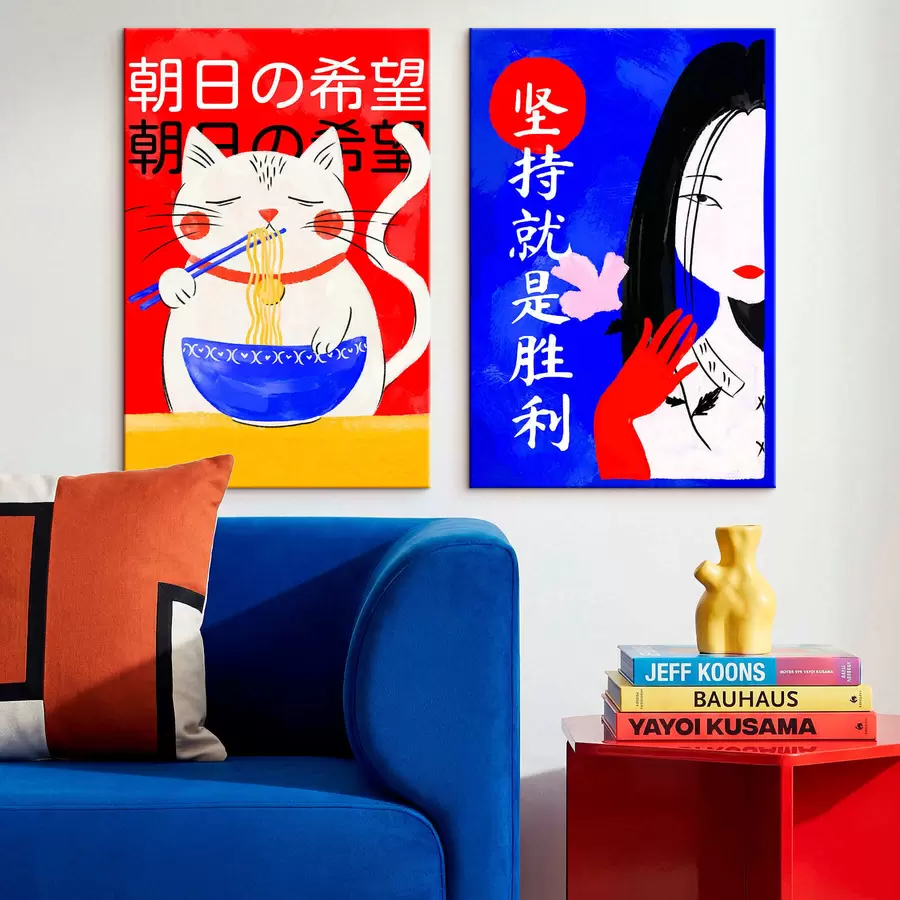 murales de pared Díptico con un gato y el retrato de una mujer en estilo llamativo m30233