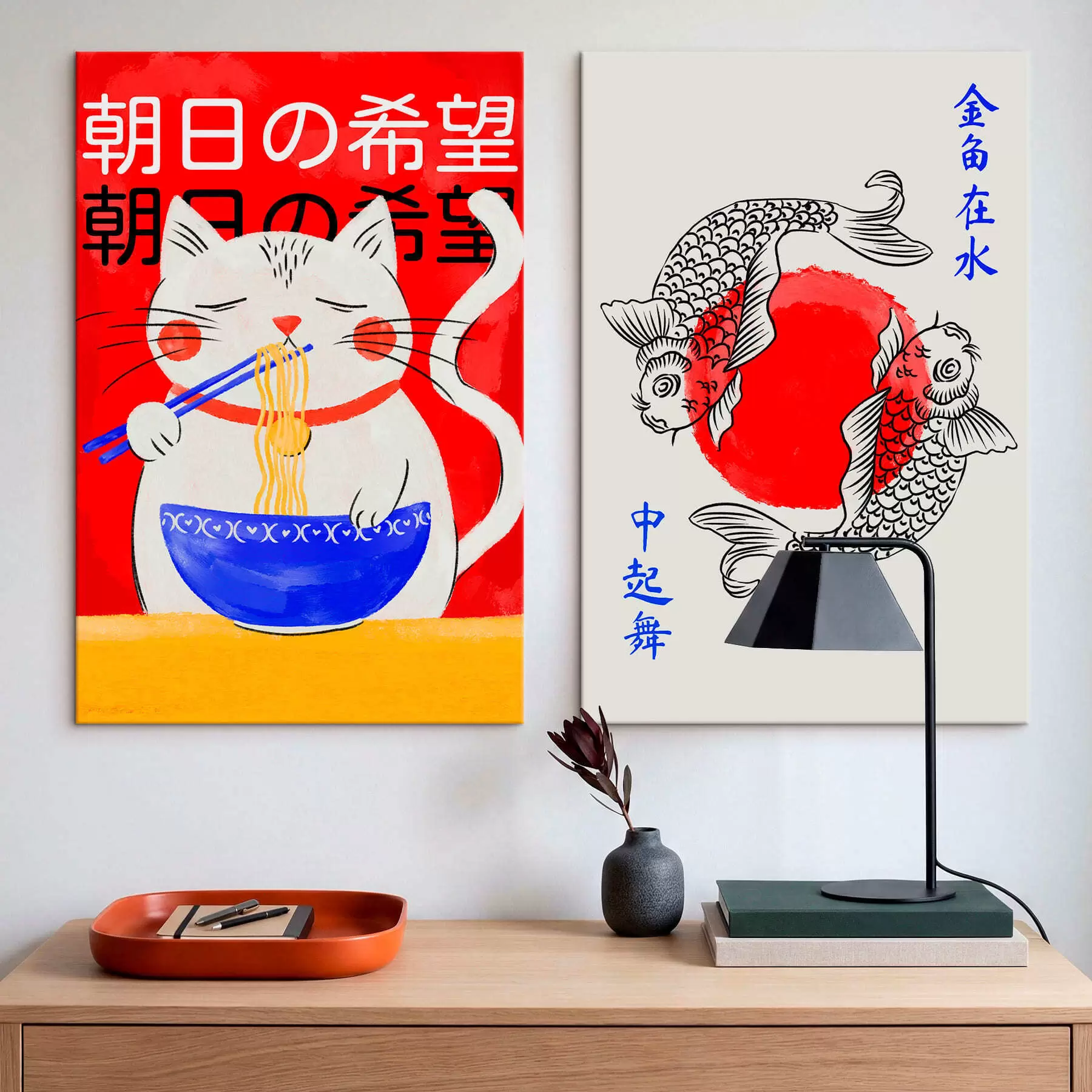 murales de pared Díptico con retrato de una mujer y peces decorativos m30234