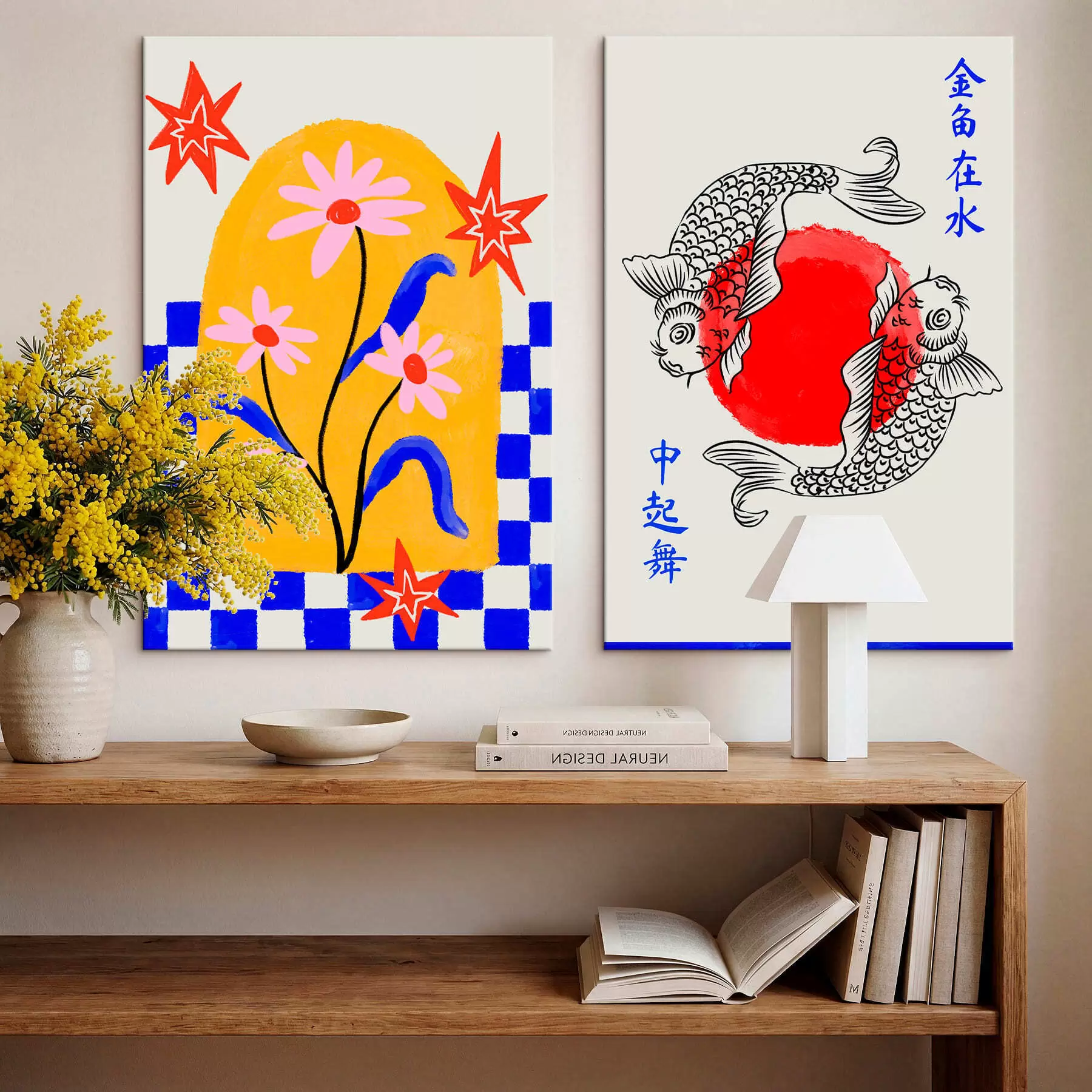 murales de pared Díptico con un gato y dos peces en tonos rojos y blancos m30235