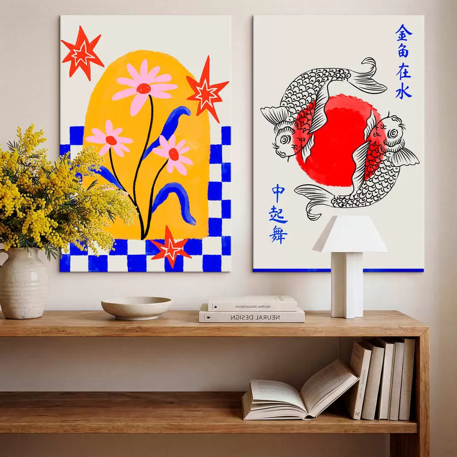 murales de pared Díptico con un gato y dos peces en tonos rojos y blancos m30235