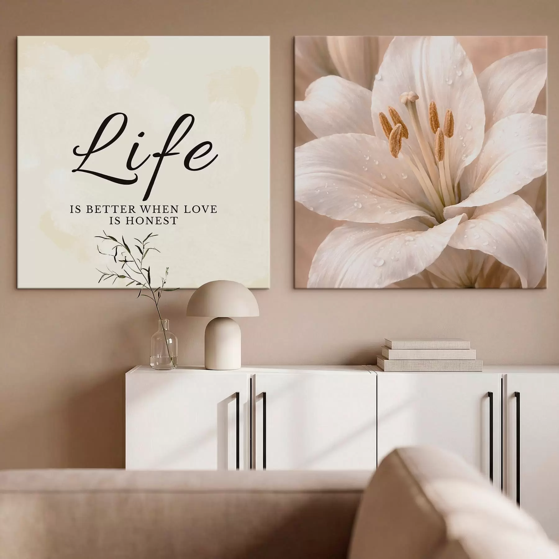 murales de pared Díptico con el texto «Life» y un primer plano de una flor blanca m30237