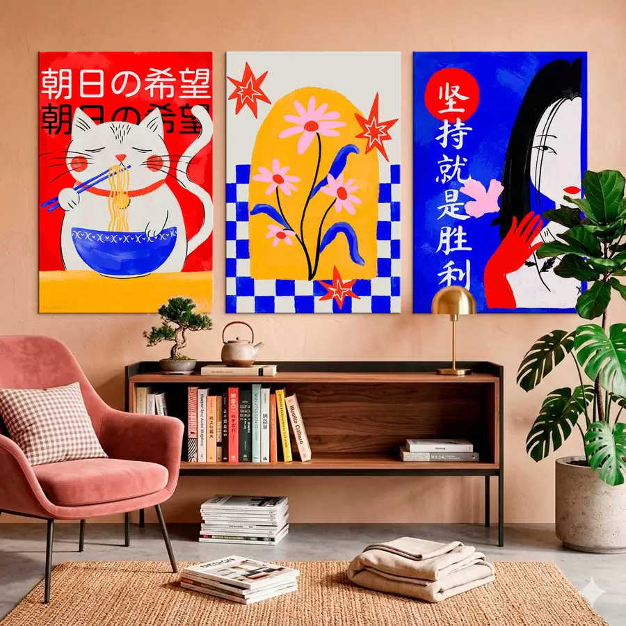 murales de pared Tríptico con un gato, un pez y el retrato de una mujer m30240