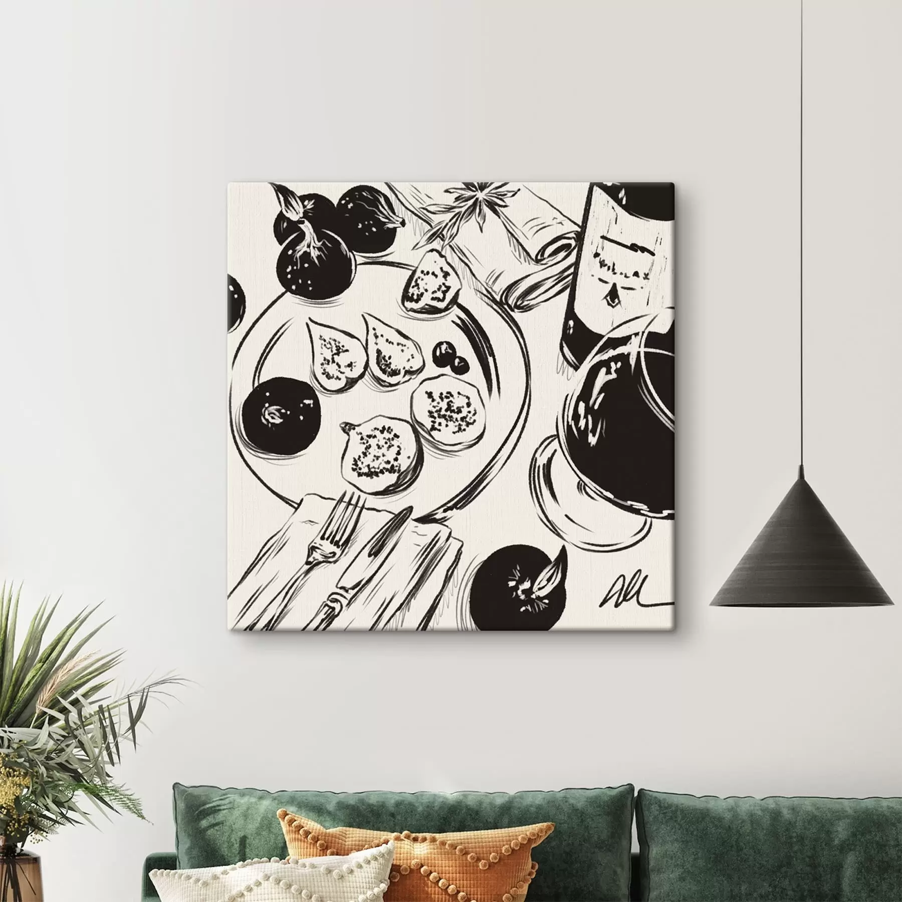 murales de pared Dibujo en blanco y negro de una mesa con fruta y un vaso s48030