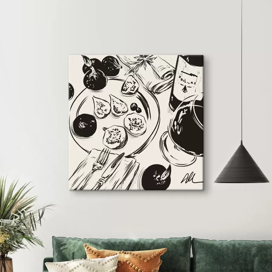 murales de pared Dibujo en blanco y negro de una mesa con fruta y un vaso s48030