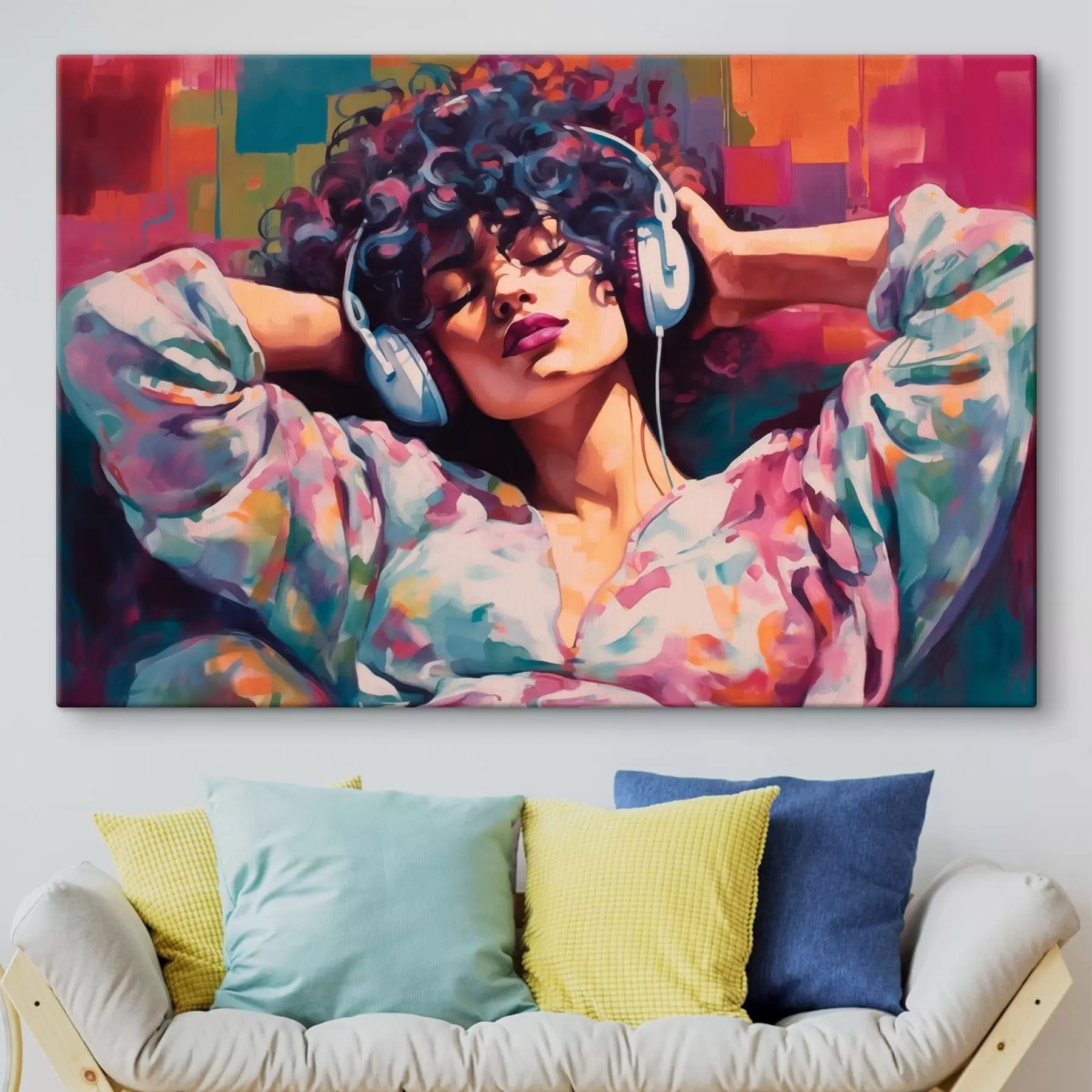 murales de pared Mujer con auriculares en un estilo pictórico colorido s48335